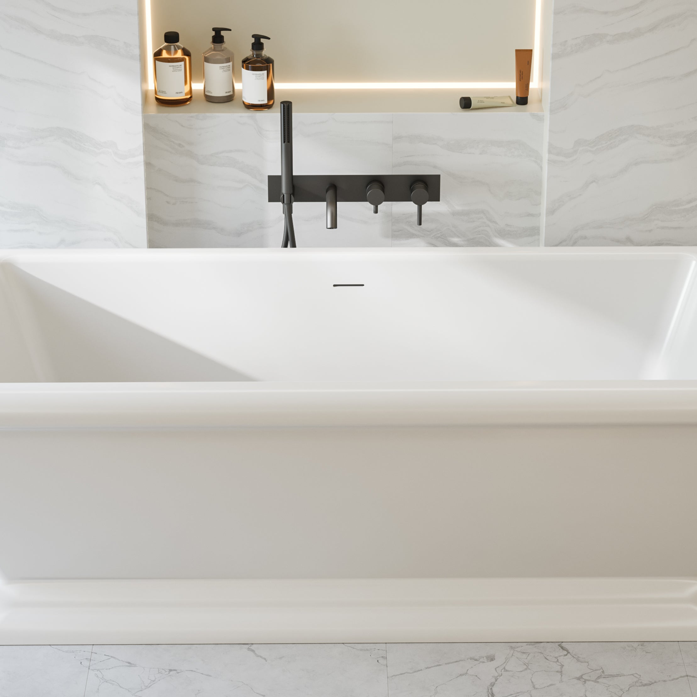 Evora 68 Inch Double Ended Pedestal Freestanding Bathtub | Alternative Image 03 | drain finish:Polished Nickel