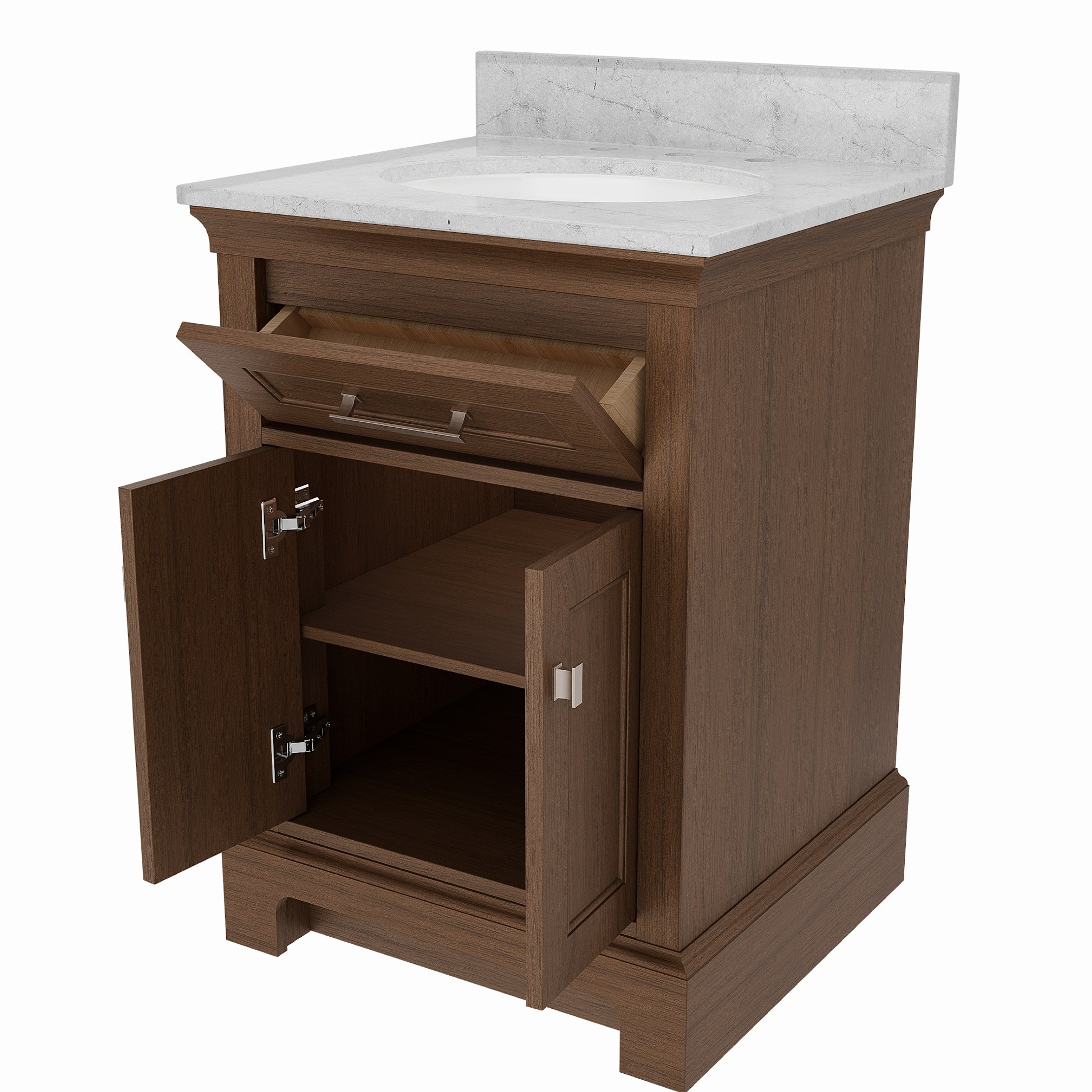 Bronson 24 Inch Vanity Base - Draper Oak | Alternative Image 06 | finish:Draper Oak | countertop finish:White Carrara Marble | sink style:Oval Undermount