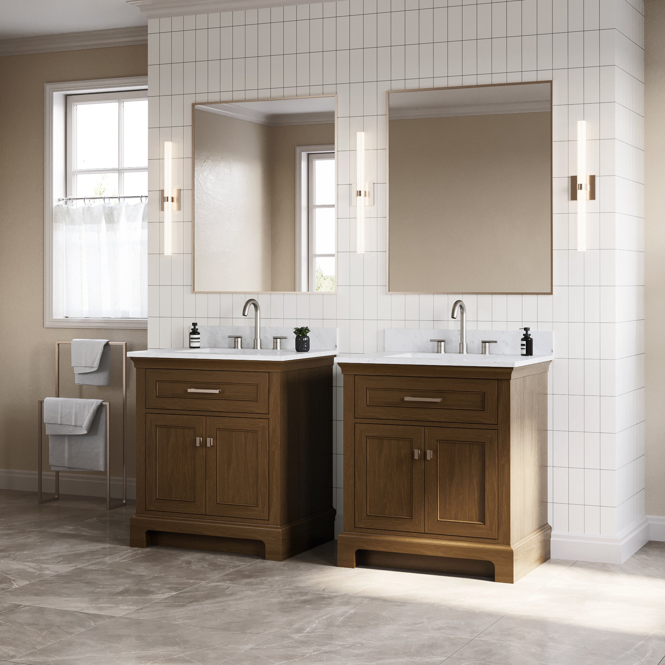 Bronson 30 Inch Vanity Base - Draper Oak | Alternative Image 02 | finish:Draper Oak | countertop finish:White Carrara Marble | sink style:Rectangle Undermount