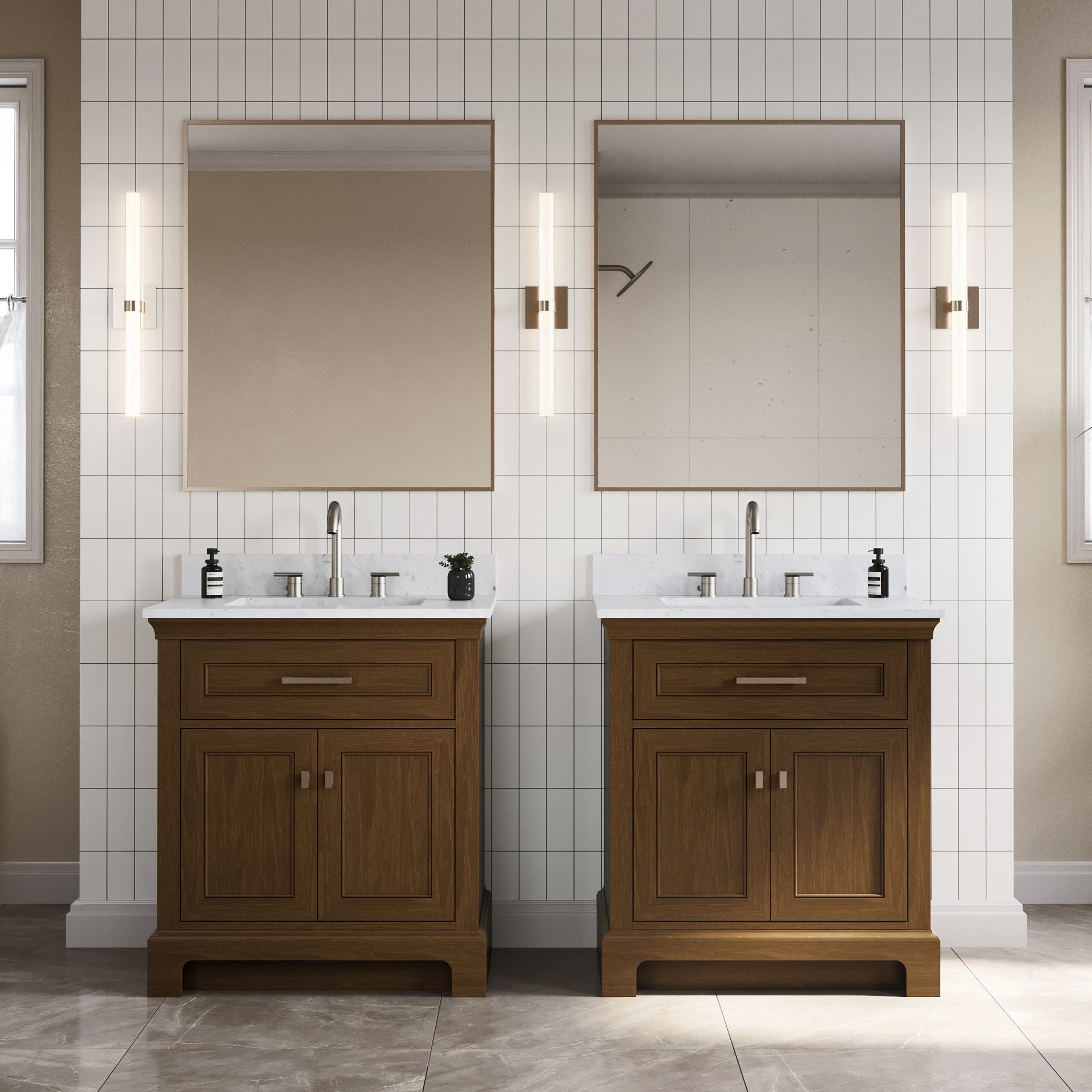 Bronson 30 Inch Vanity Base - Draper Oak | Alternative Image 01 | finish:Draper Oak | countertop finish:White Carrara Marble | sink style:Rectangle Undermount