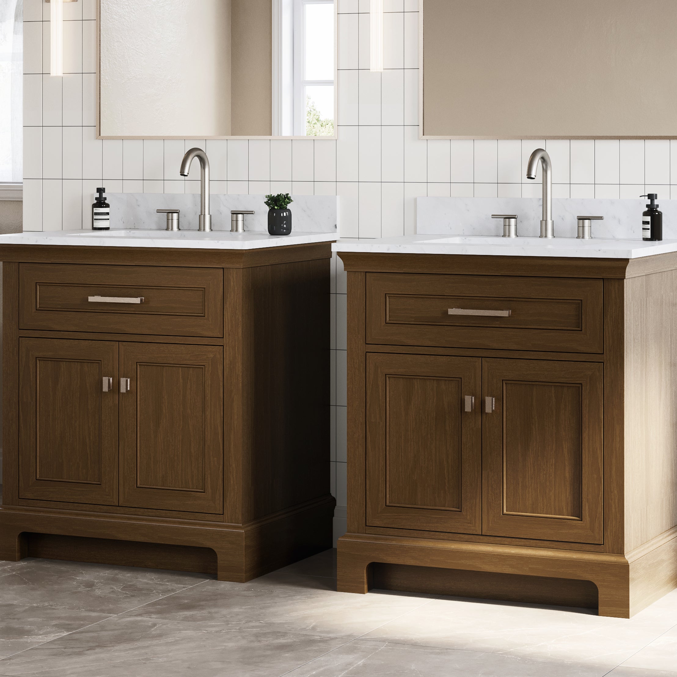 Bronson 30 Inch Vanity Base - Draper Oak | Alternative Image 03 | finish:Draper Oak | countertop finish:White Carrara Marble | sink style:Rectangle Undermount