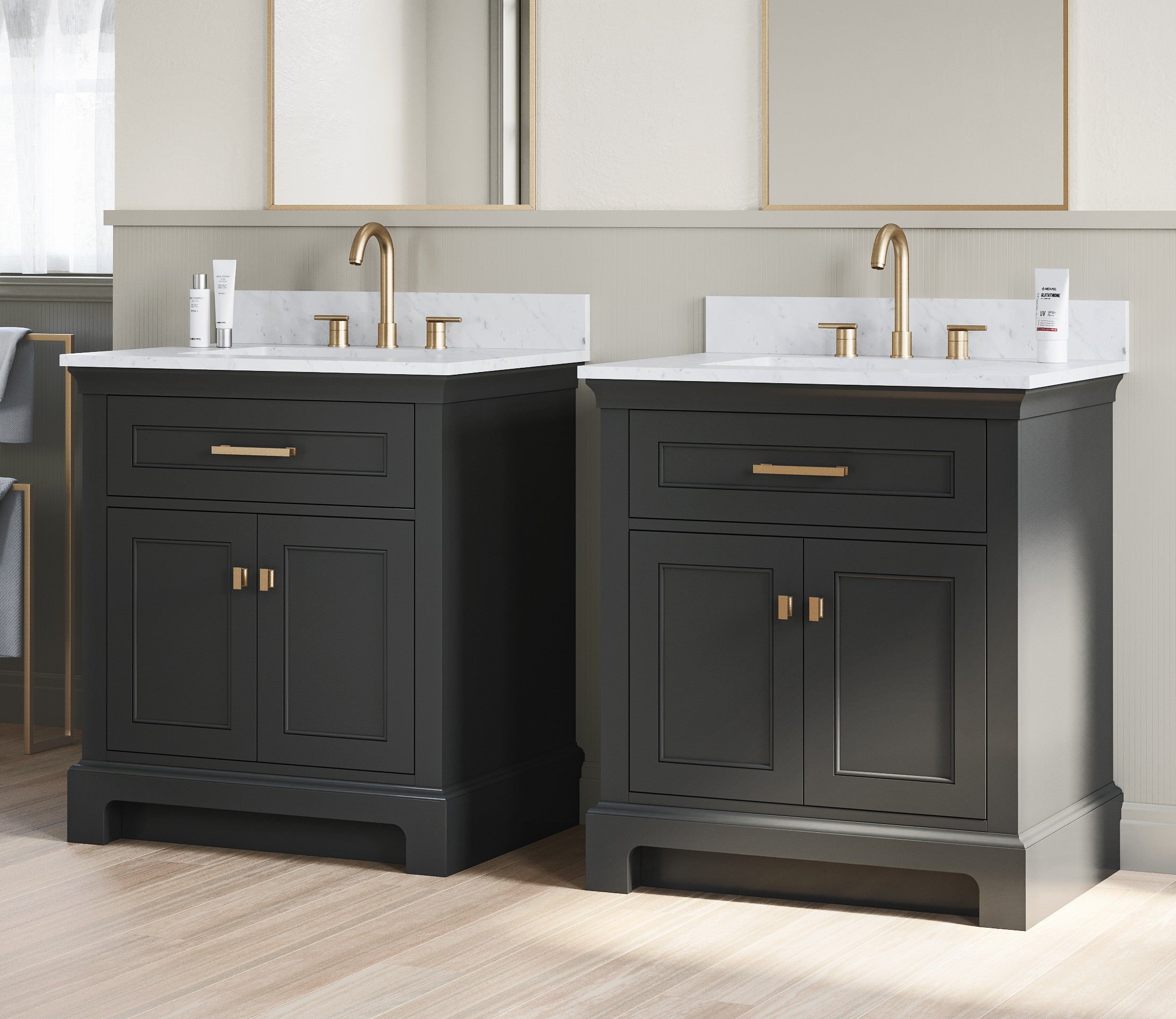 Bronson 30 Inch Vanity Base - Ferrous Grey | Alternative Image 01 | finish:Ferrous Grey | countertop finish:White Carrara Marble | sink style:Rectangle Undermount