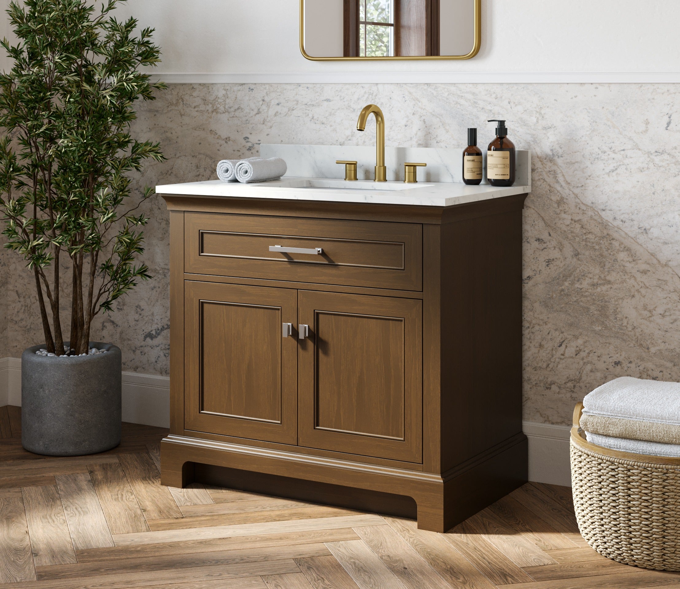 Bronson 36 Inch Vanity Base - Draper Oak | Alternative Image 01 | finish:Draper Oak | countertop finish:White Carrara Marble | sink style:Rectangle Undermount