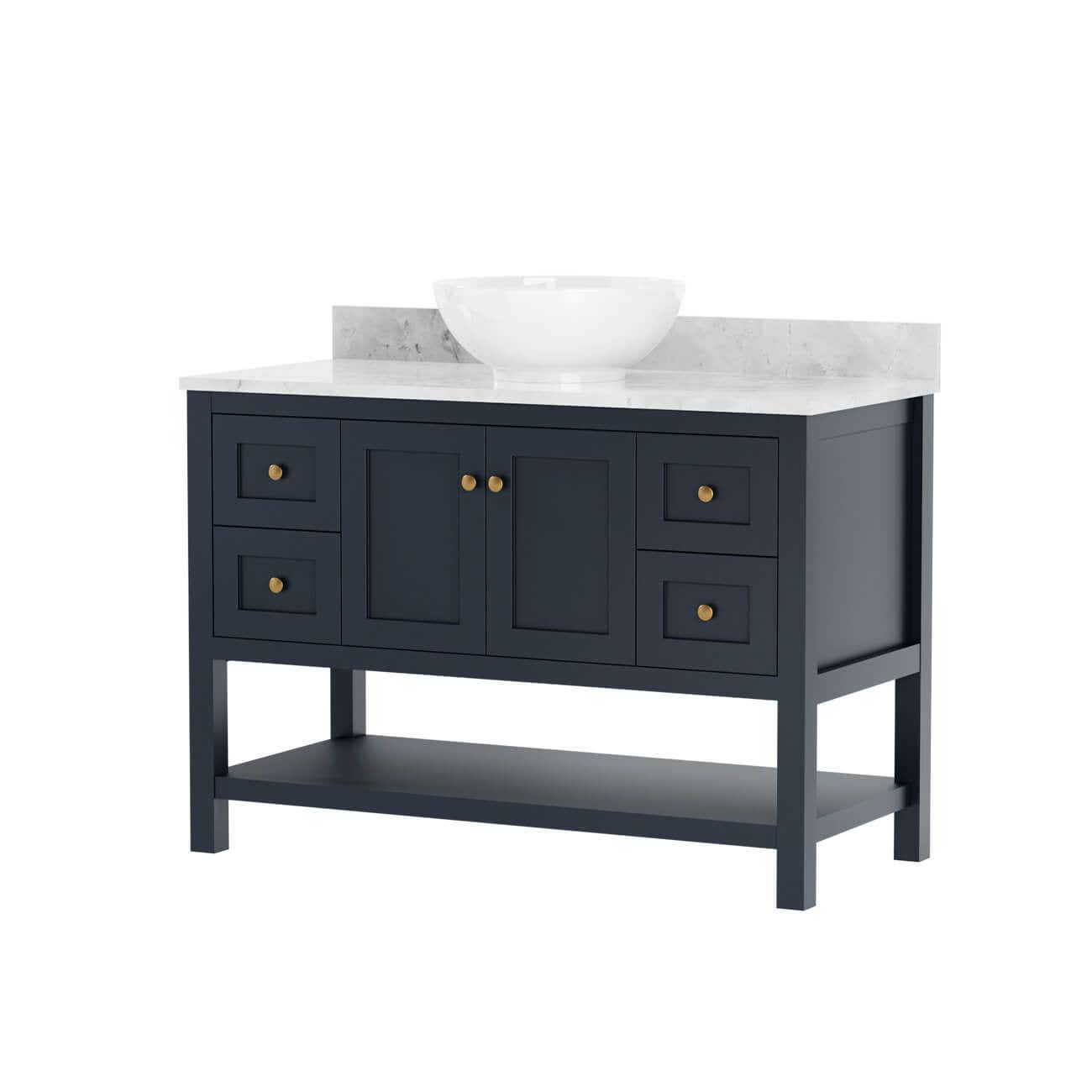 Carlow 48 Inch Modern Console Vanity-Navy Blue-White Carrara Marble / Vessel Sink | Alternative Image 01 | countertop finish:White Carrara Marble | sink installation type:Vessel Sink | faucet centers:Single Hole