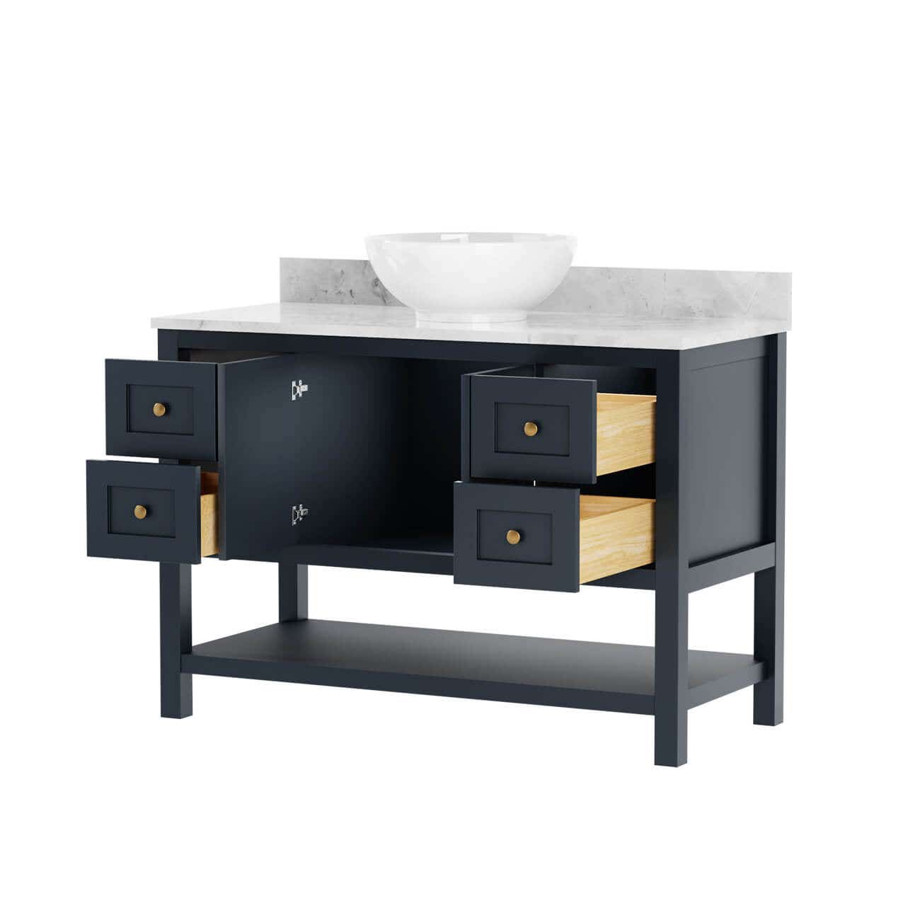 Carlow 48 Inch Modern Console Vanity-Navy Blue-White Carrara Marble / Vessel Sink | Alternative Image 02 | countertop finish:White Carrara Marble | sink installation type:Vessel Sink | faucet centers:Single Hole