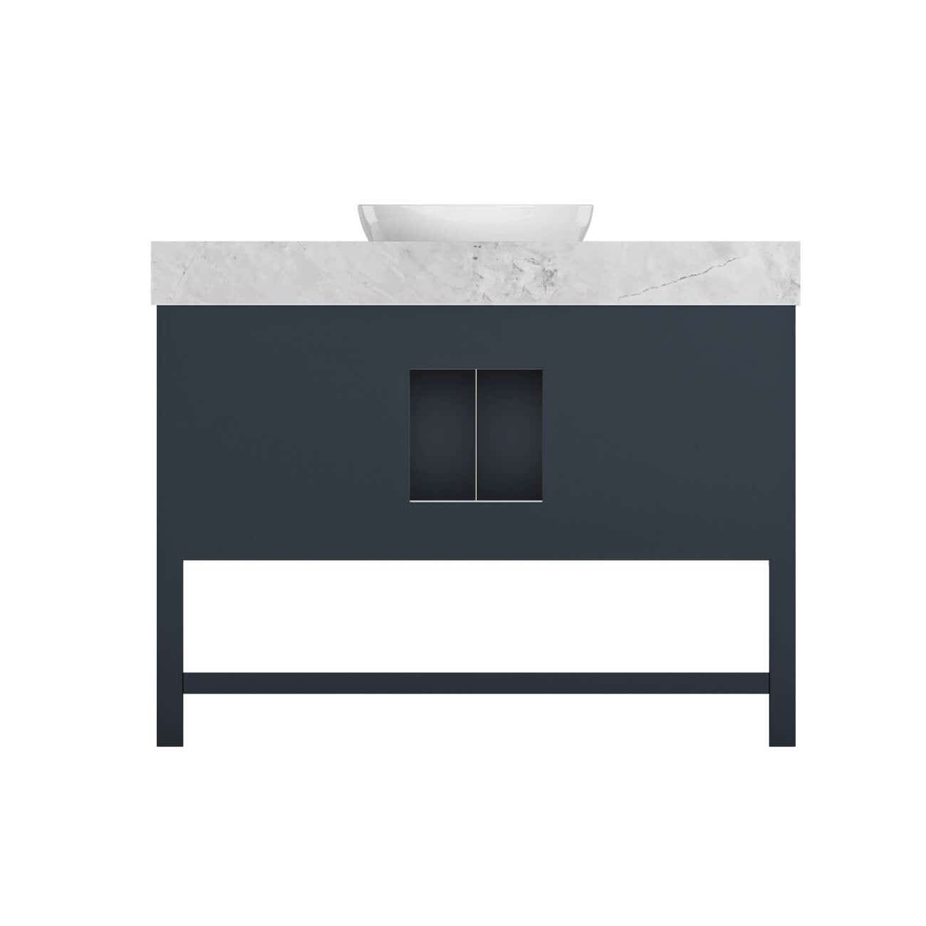 Carlow 48 Inch Modern Console Vanity-Navy Blue-White Carrara Marble / Vessel Sink | Alternative Image 03 | countertop finish:White Carrara Marble | sink installation type:Vessel Sink | faucet centers:Single Hole
