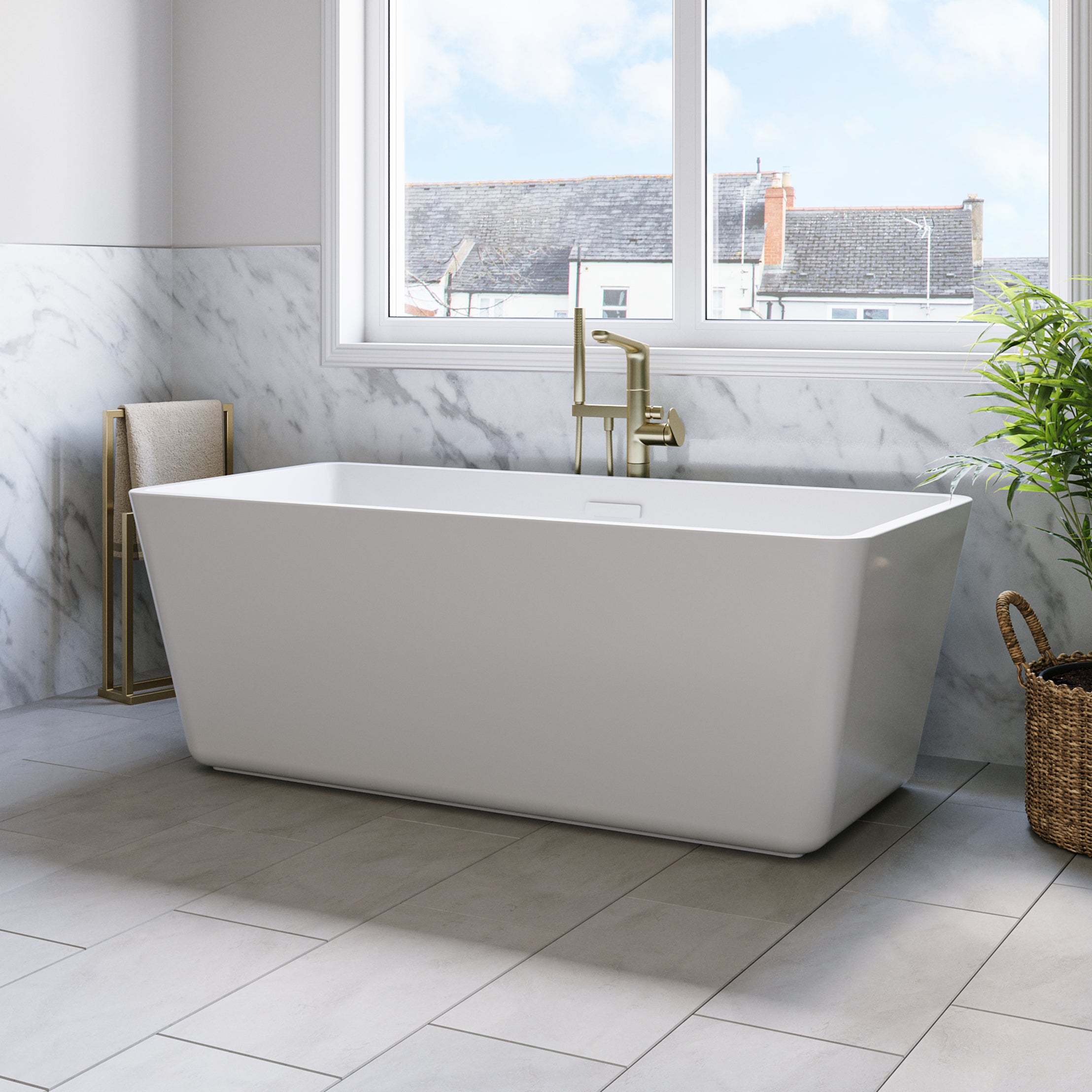 Gavyn 63 x 30-Inch Rectangle Freestanding Bathtub Center Drain With Integrated Overflow | Alternative Image 02 | drain finish:Polished Nickel