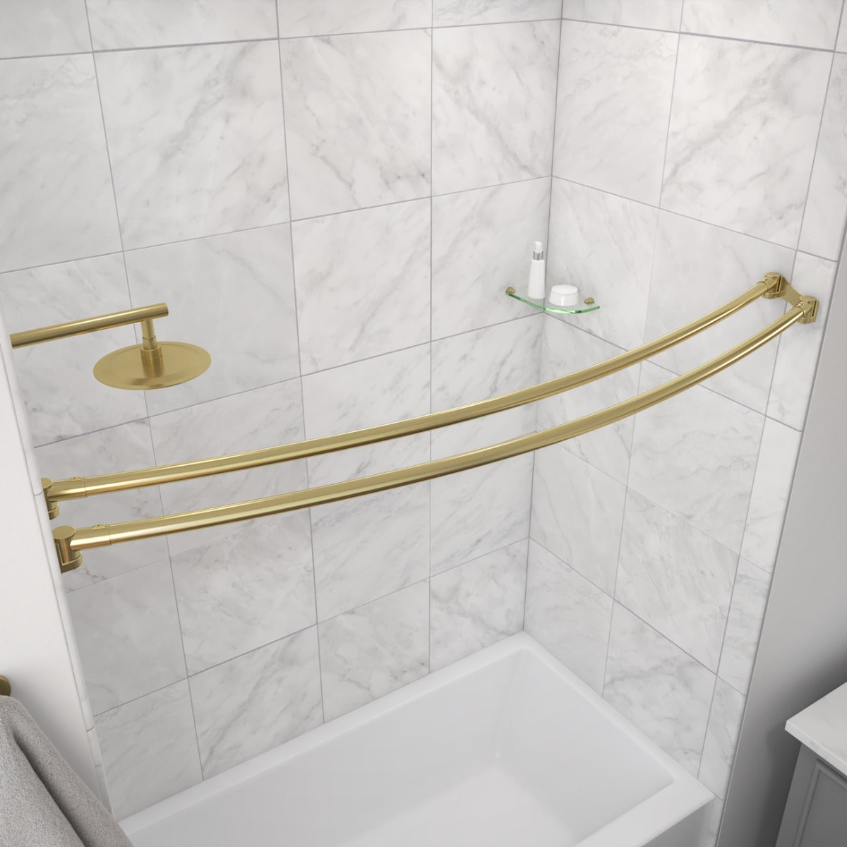 Dual Curved Shower Curtain Rod | Alternative Image 01 | finish:Brushed Brass