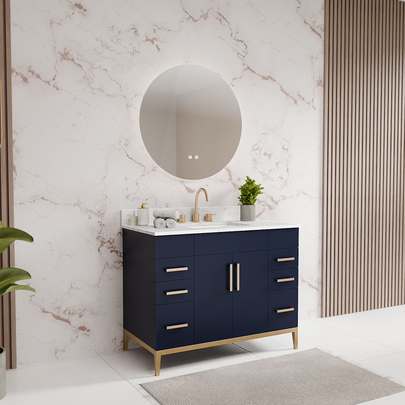 Troy 42 Inch Modern Vanity with Rectangular Undermount Sink- Navy | Alternative Image 02 | finish:Navy | countertop finish:White Carrera Marble