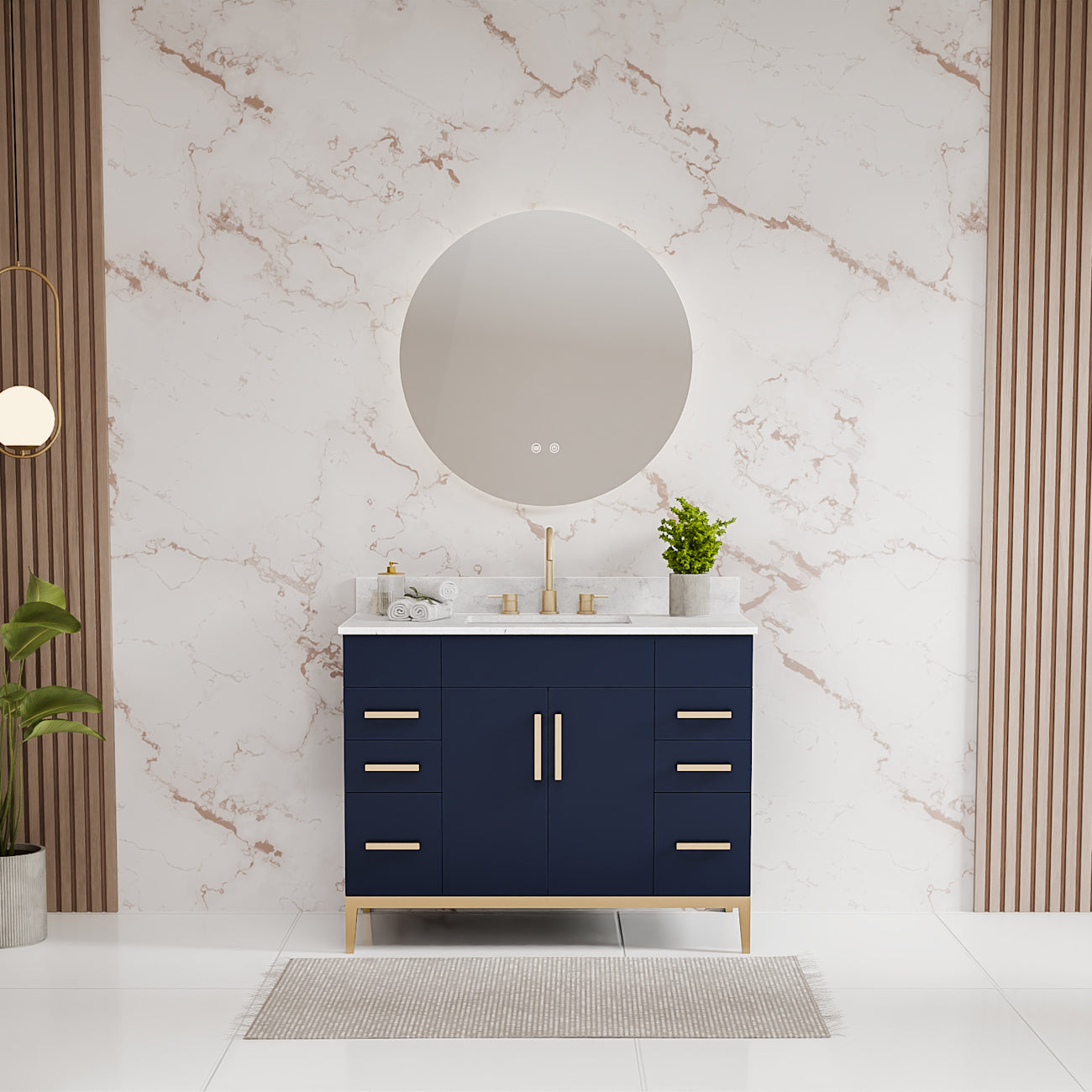 Troy 42 Inch Modern Vanity with Rectangular Undermount Sink- Navy | Alternative Image 01 | finish:Navy | countertop finish:White Carrera Marble