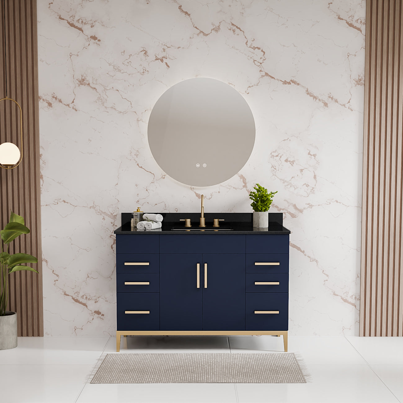 Troy 48 Inch Modern Vanity with Rectangle Undermount Sink- Navy | Alternative Image 01 | countertop finish:Black Granite | sink style:Rectangle Undermount | faucet centers:8"