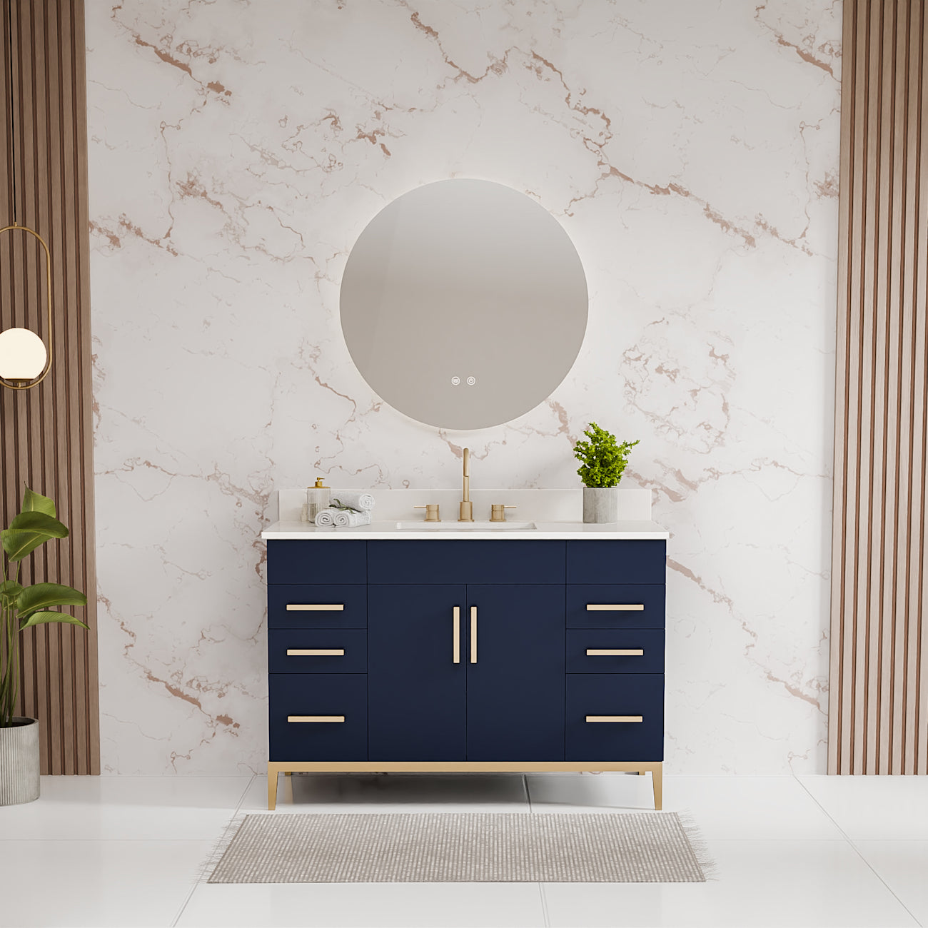 Troy 48 Inch Modern Vanity with Rectangle Undermount Sink- Navy | Alternative Image 01 | countertop finish:White Quartz | sink style:Rectangle Undermount | faucet centers:8"