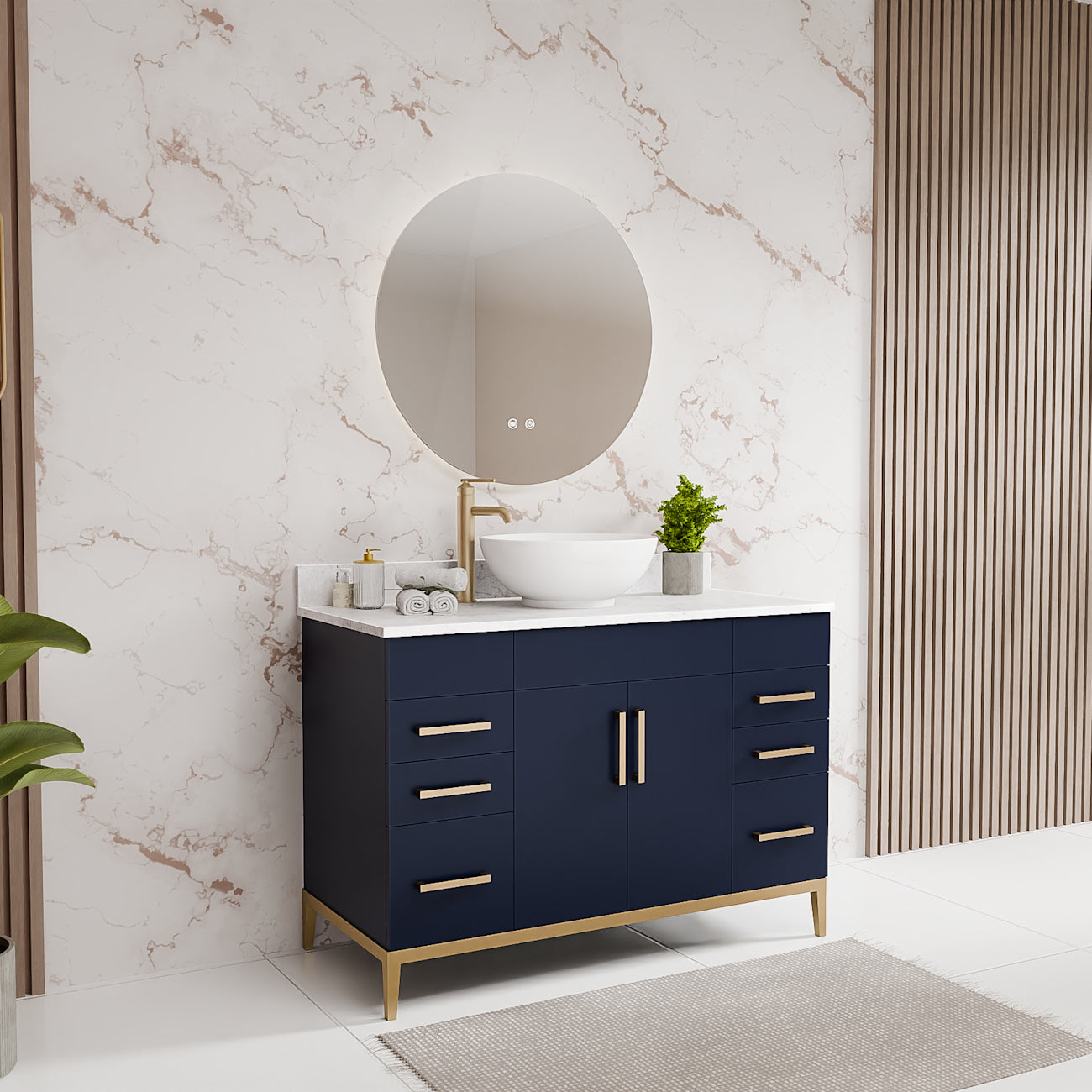 Troy 48 Inch Modern Vanity with Vessel Sink- Navy | Alternative Image 02 | countertop finish:White Carrera Marble | sink style:Vessel | faucet centers:Single Hole