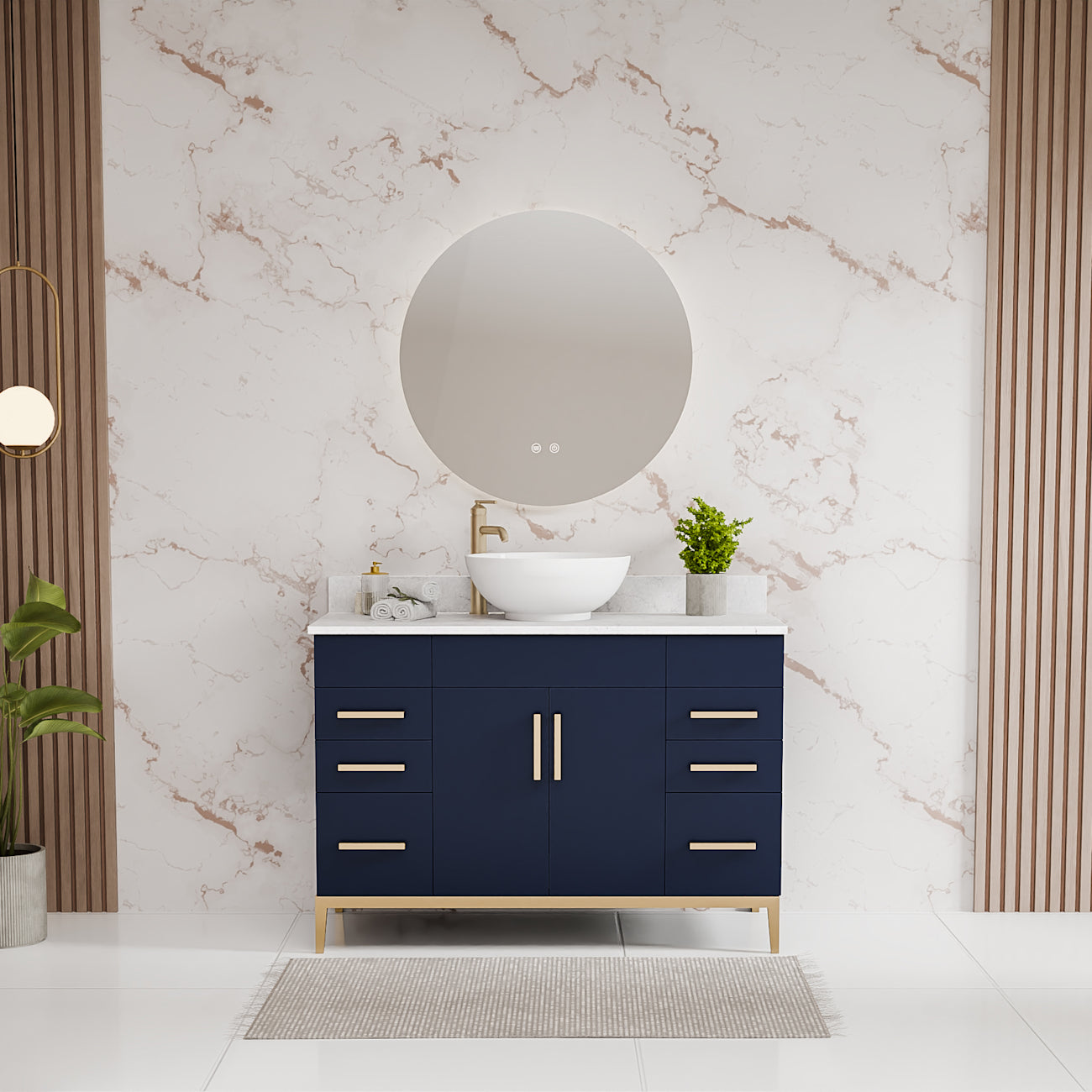 Troy 48 Inch Modern Vanity with Vessel Sink- Navy | Alternative Image 01 | countertop finish:White Carrera Marble | sink style:Vessel | faucet centers:Single Hole