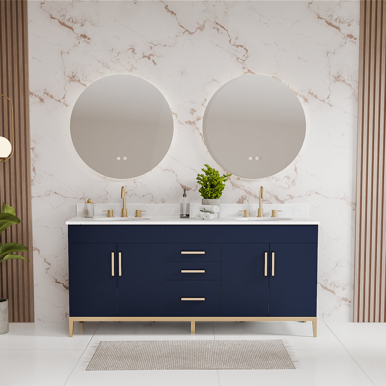 Troy 72 Inch Modern Vanity with Oval Undermount Sinks- Navy | Alternative Image 01 | countertop finish:White Carrara Marble | sink style:Oval Undermount | faucet centers:8"