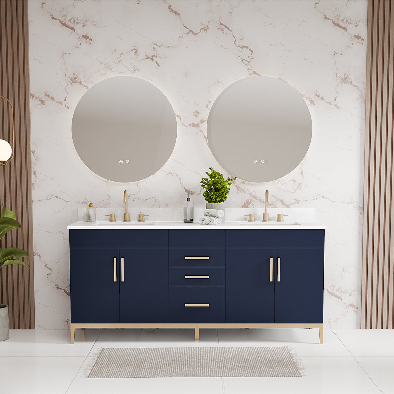 Troy 72 Inch Modern Vanity with Rectangle Undermount Sink- Navy | Alternative Image 01 | countertop finish:White Carrera Marble | sink style:Rectangle Undermount | faucet centers:8"