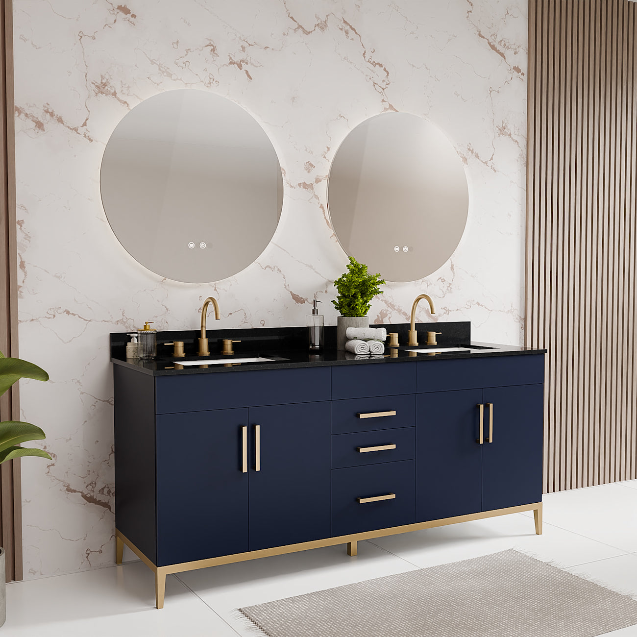 Troy 72 Inch Modern Vanity with Rectangle Undermount Sink- Navy | Alternative Image 02 | countertop finish:Black Granite | sink style:Rectangle Undermount | faucet centers:8"