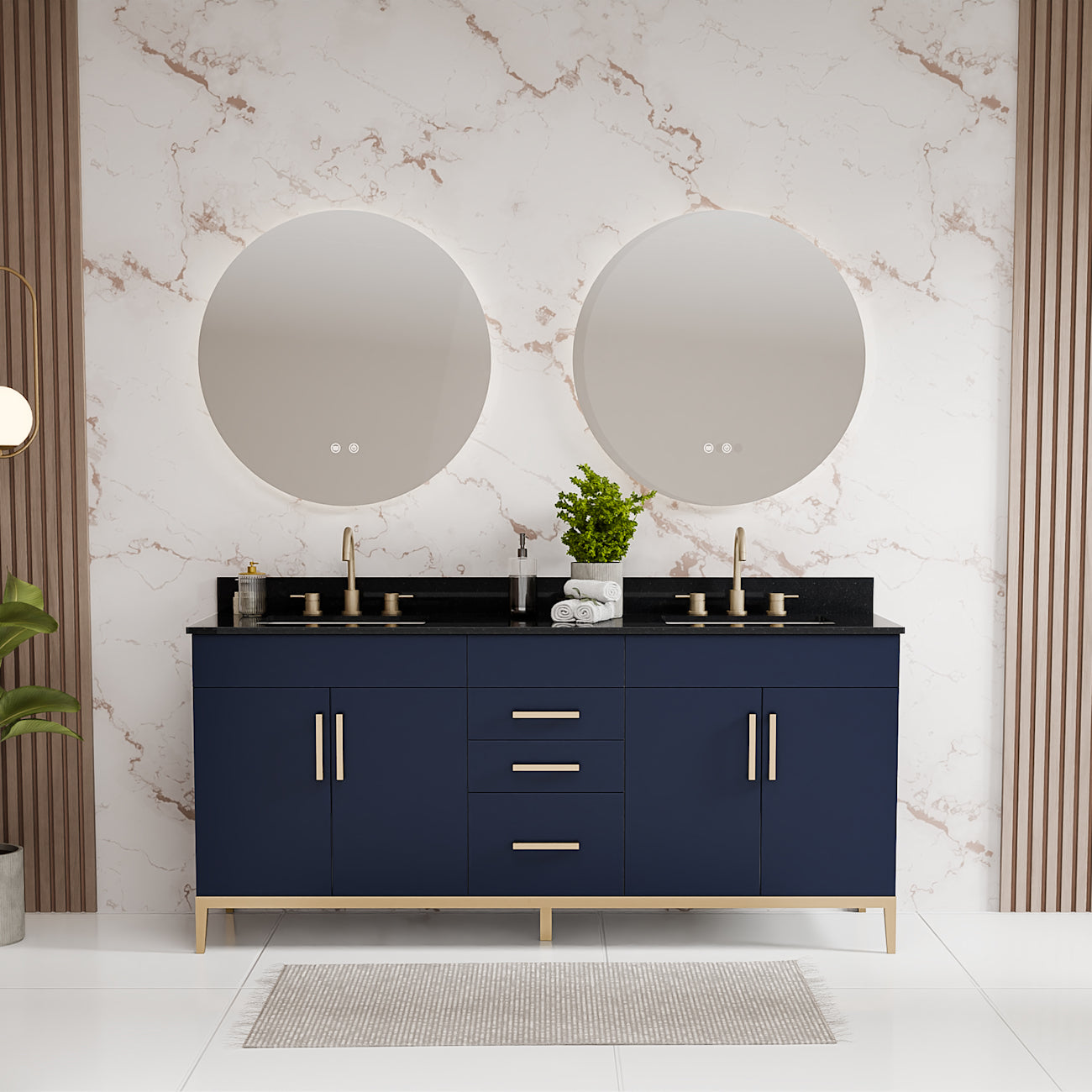 Troy 72 Inch Modern Vanity with Rectangle Undermount Sink- Navy | Alternative Image 01 | countertop finish:Black Granite | sink style:Rectangle Undermount | faucet centers:8"