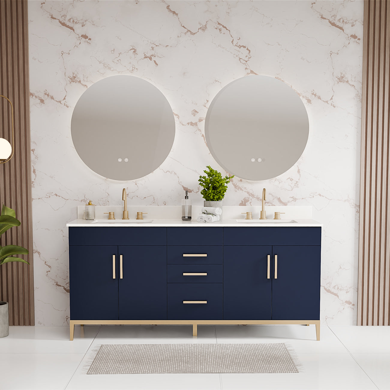 Troy 72 Inch Modern Vanity with Rectangle Undermount Sink- Navy | Alternative Image 01 | countertop finish:White Quartz | sink style:Rectangle Undermount | faucet centers:8"