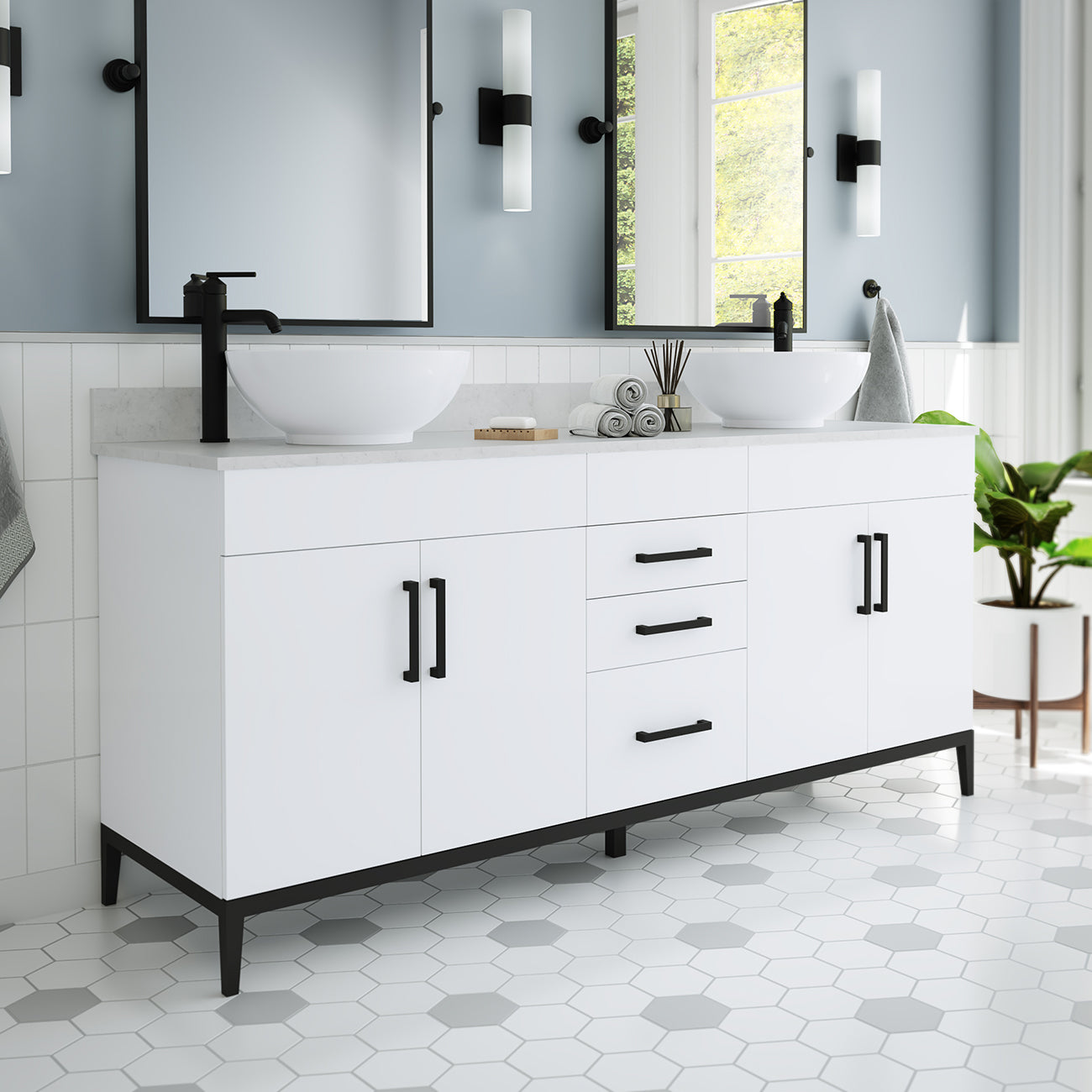 Troy 72 Inch Modern Vanity with Vessel Sink- White | Alternative Image 02 | countertop finish:White Carrera Marble | sink style:Vessel Sink | faucet centers:Single Hole