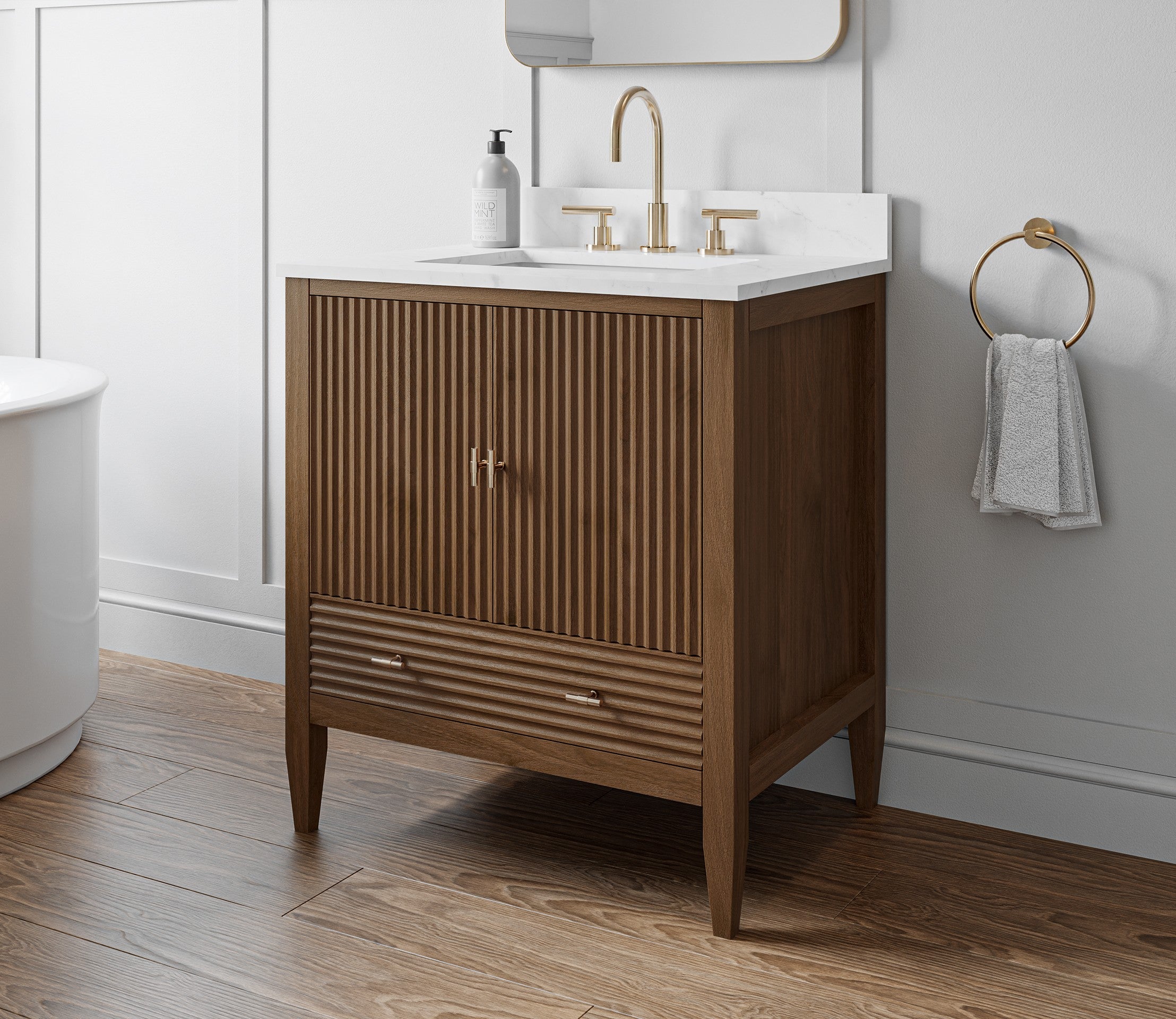 Valmont 30 Inch Fluted Vanity Base - MC Walnut | Alternative Image 01 | finish:Mid Century Walnut | countertop finish:White Carrara Marble | sink style:Oval Undermount
