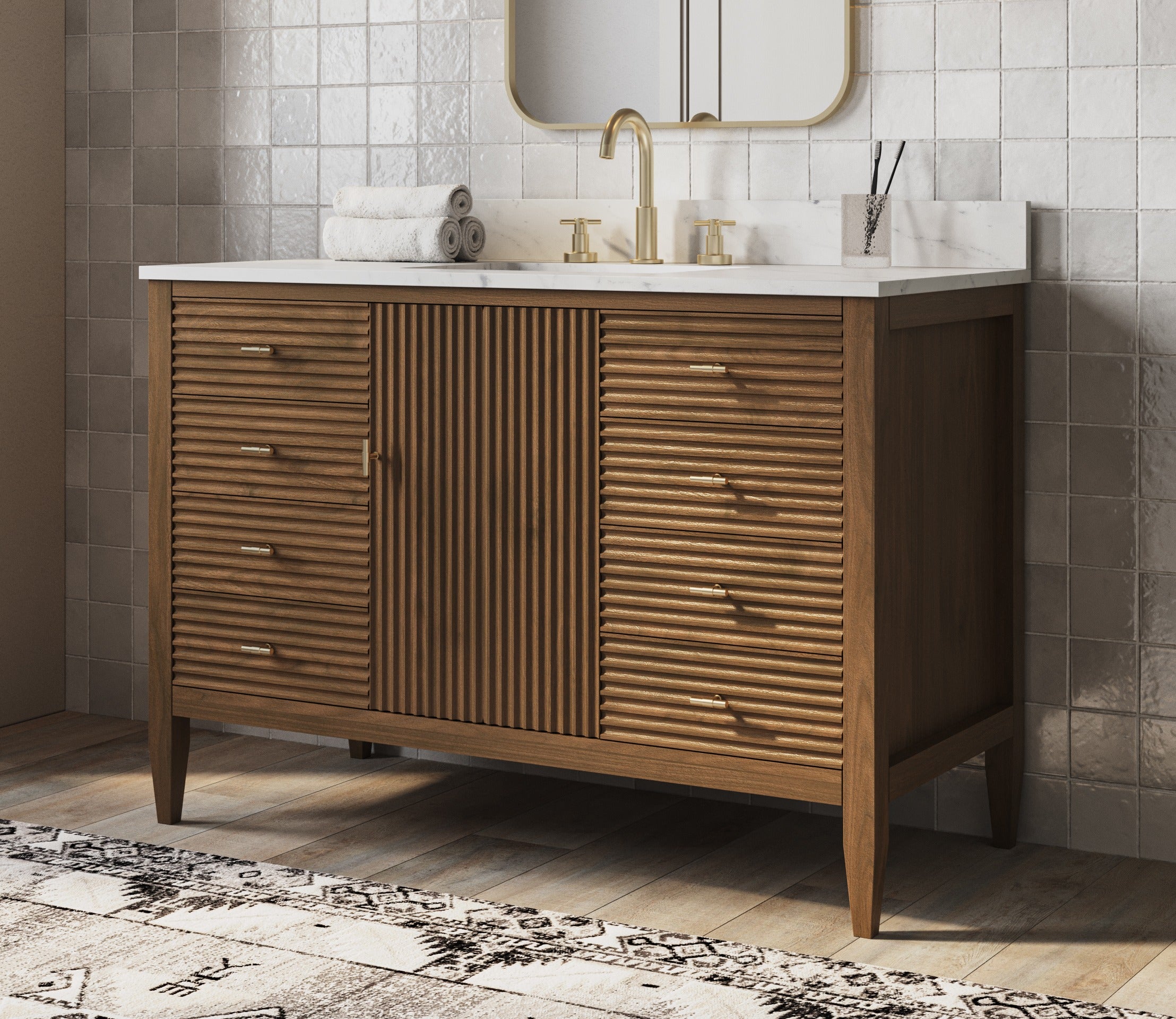 Valmont 48 Inch Fluted Vanity Base - MC Walnut | Alternative Image 01 | finish:Mid Century Walnut | countertop finish:White Carrara Marble | sink style:Rectangle Undermount