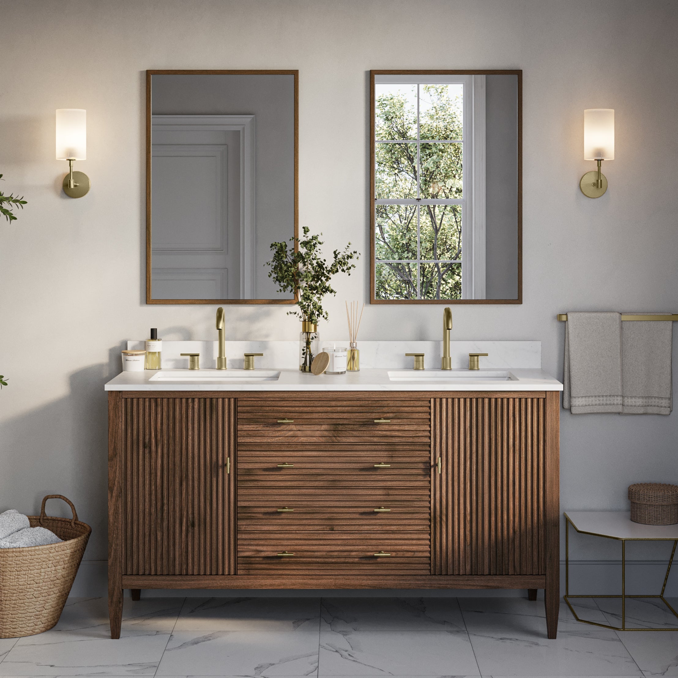 Valmont 60 Inch Fluted Vanity Base - MC Walnut | Alternative Image 01 | finish:Mid Century Walnut | countertop finish:White Carrara Marble | sink style:Rectangle Undermount