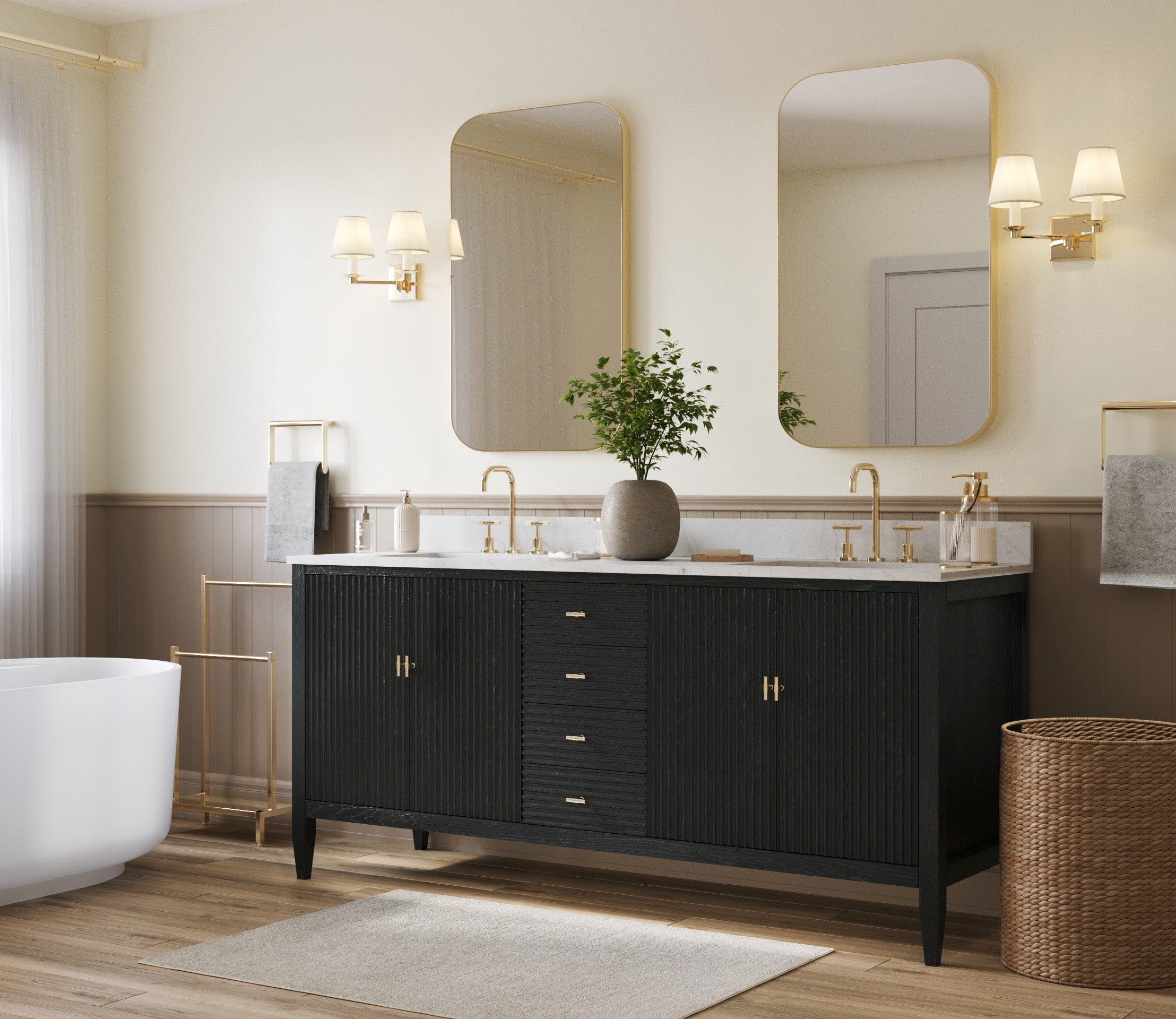 Valmont 72 Inch Fluted Vanity Base - Carbon Oak | Alternative Image 02 | finish:Carbon Oak | countertop finish:White Carrara Marble | sink style:Rectangle Undermount