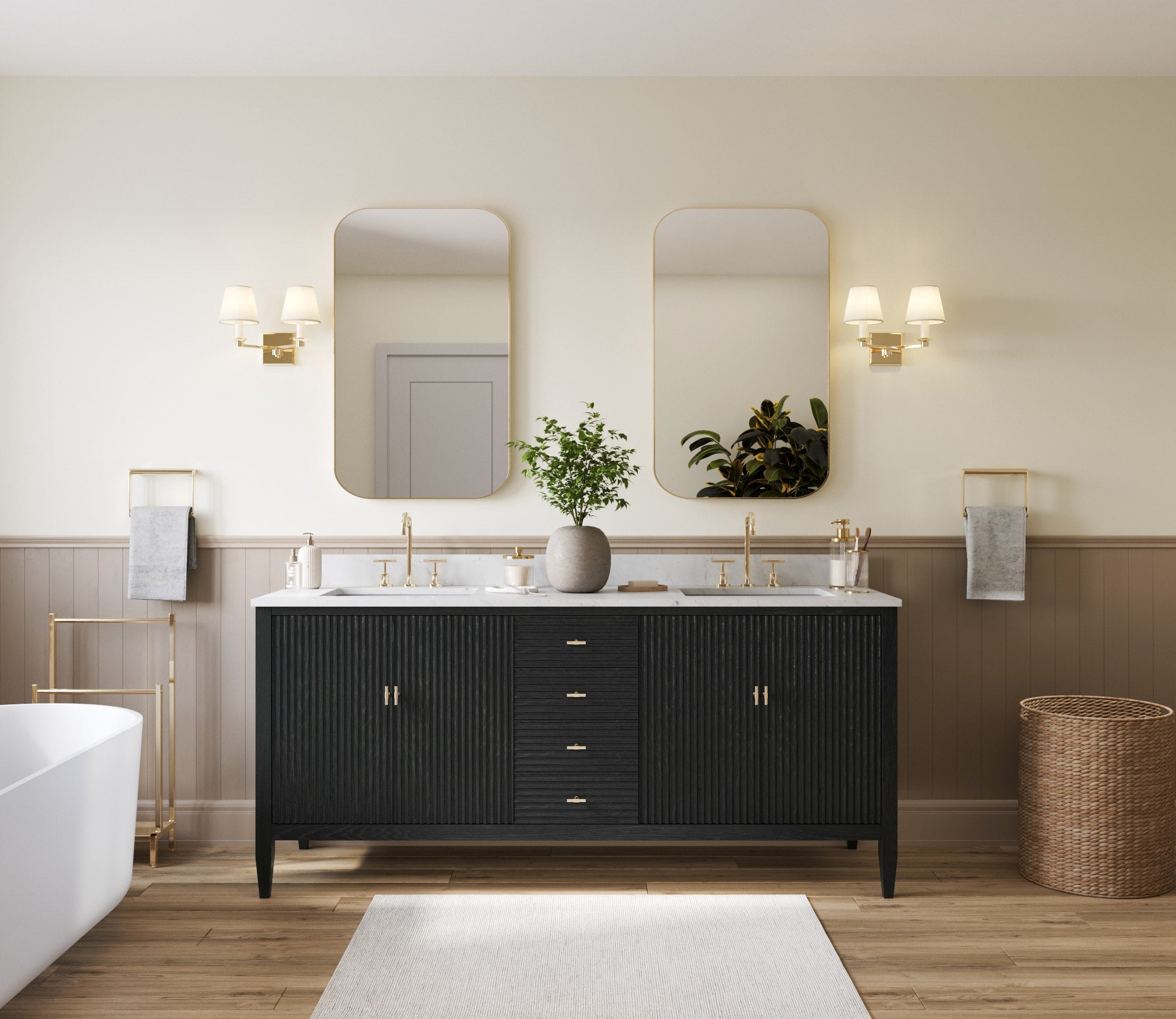 Valmont 72 Inch Fluted Vanity Base - Carbon Oak | Alternative Image 01 | finish:Carbon Oak | countertop finish:White Carrara Marble | sink style:Rectangle Undermount