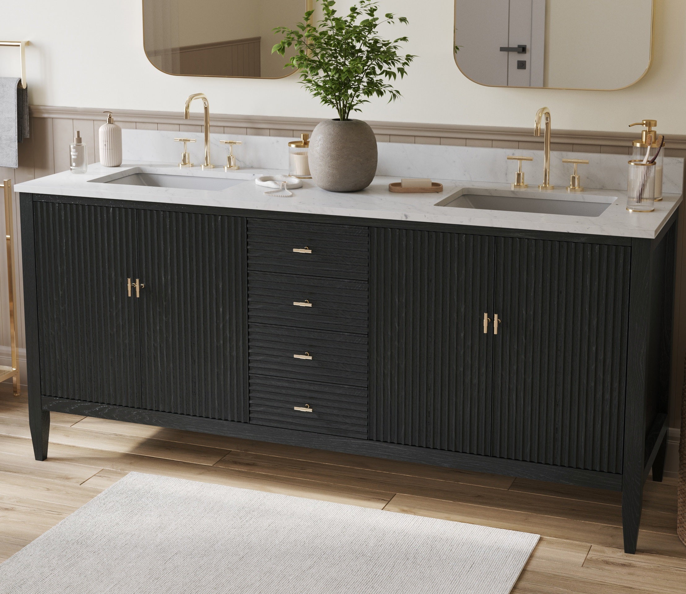 Valmont 72 Inch Fluted Vanity Base - Carbon Oak | Alternative Image 03 | finish:Carbon Oak | countertop finish:White Carrara Marble | sink style:Rectangle Undermount
