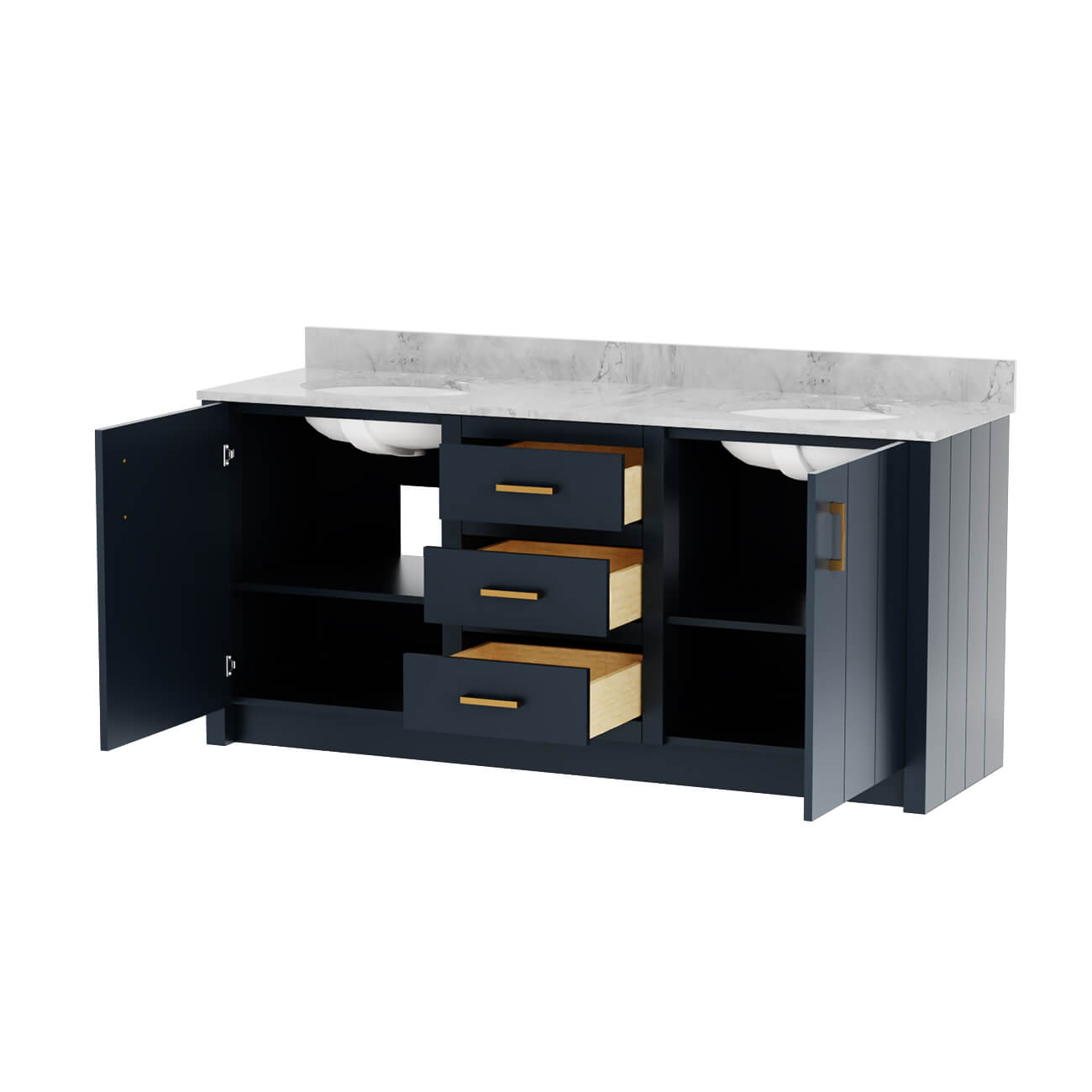 Wexler 72 Inch Solid Oak Bathroom Vanity | Alternative Image 03 | countertop finish:White Carrara Marble | sink style:Oval Undermount | faucet centers:8"