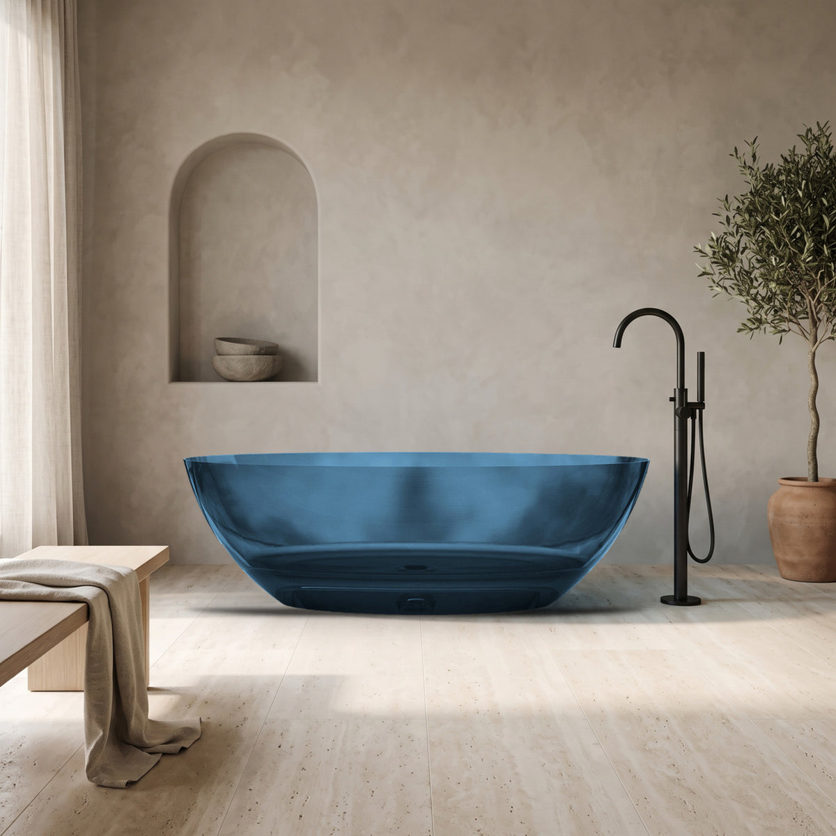 Theo 67 Inch Transparent Double Ended Solid Surface Freestanding Tub - Blue | Alternative Image 01 | finish:Dark Blue