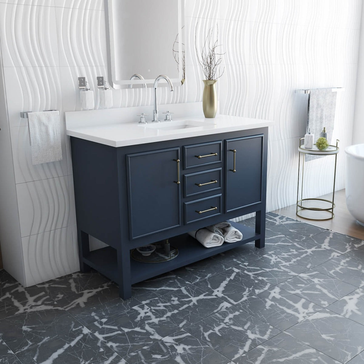 Wexler 72 Inch Solid Oak Bathroom Vanity | Alternative Image 02 | countertop finish:White Carrara Marble | sink style:Vessel Sink | faucet centers:Single Hole