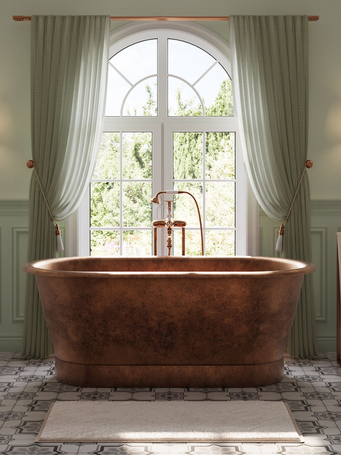 Copper bathtub in a bathroom with large windows and green curtains.