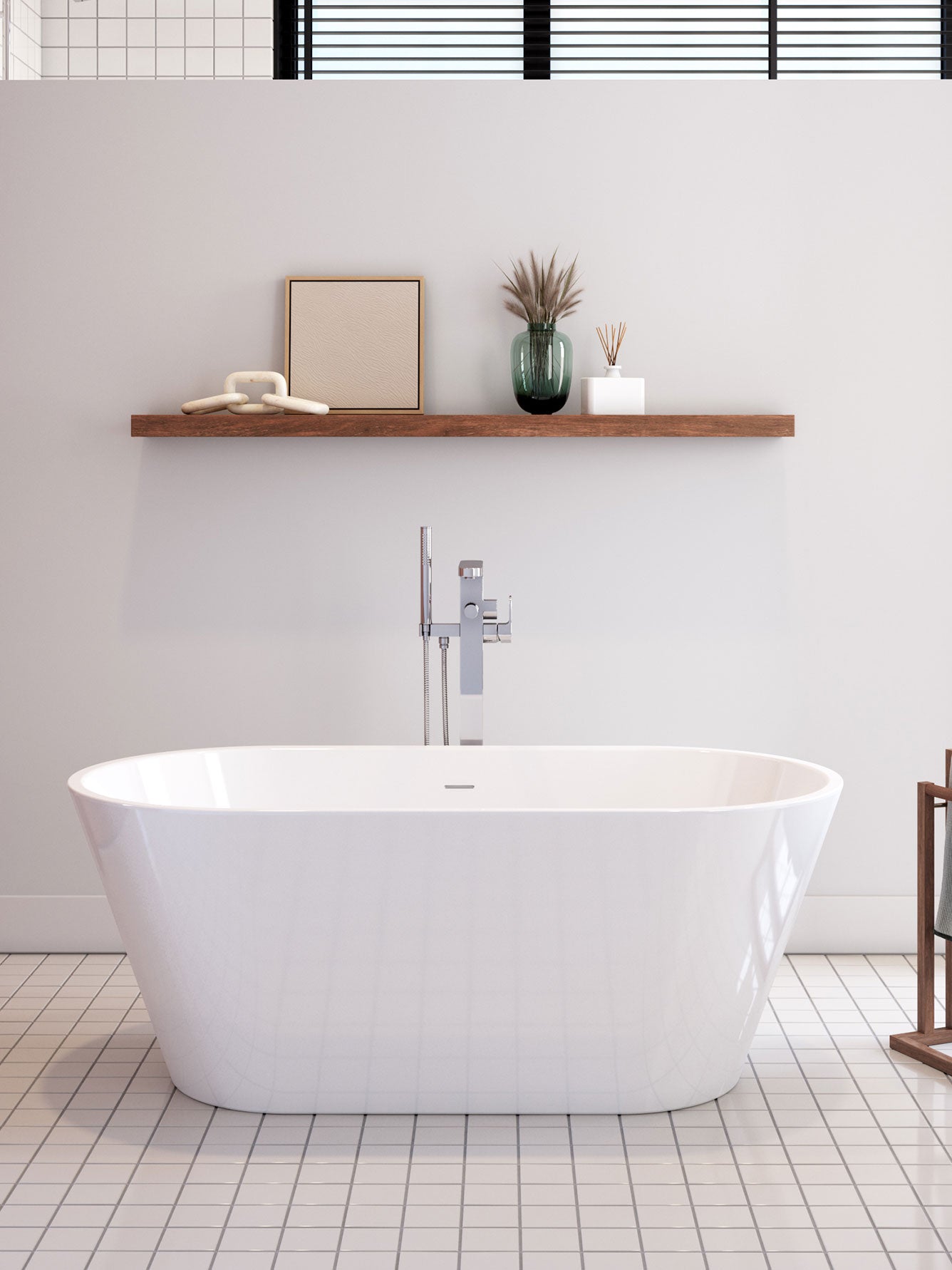 Modern bathroom with a freestanding bathtub, wooden shelf, and decorative items.