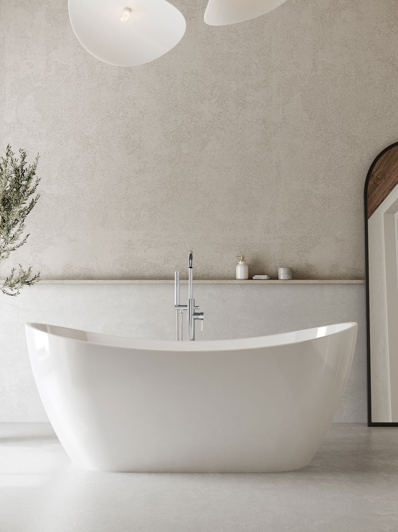 Modern bathroom with a freestanding bathtub, sink, and decorative elements.