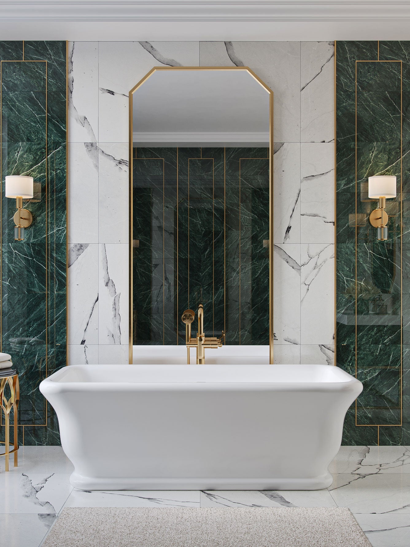 Modern bathroom with a freestanding bathtub, gold faucet, and marble walls.