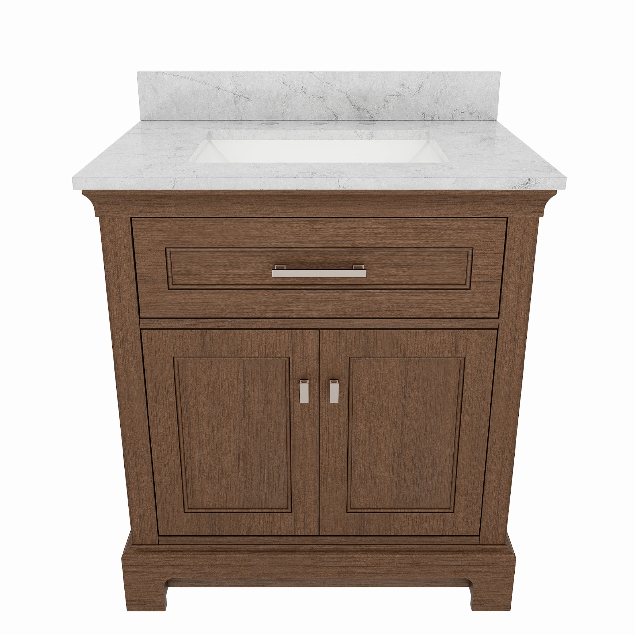 Bronson 30 Inch Vanity Base - Draper Oak | Alternative Image 04 | finish:Draper Oak | countertop finish:White Carrara Marble | sink style:Rectangle Undermount