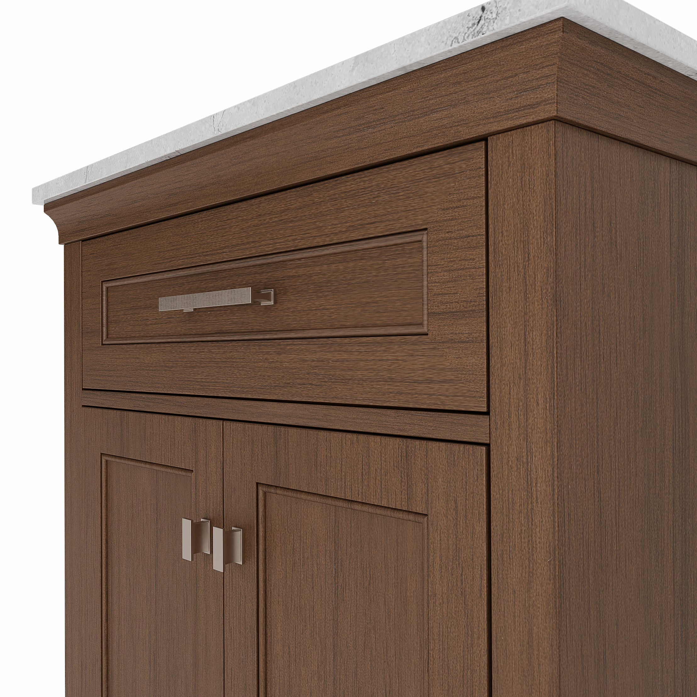 Bronson 30 Inch Vanity Base - Draper Oak | Alternative Image 06 | finish:Draper Oak | countertop finish:White Carrara Marble | sink style:Rectangle Undermount