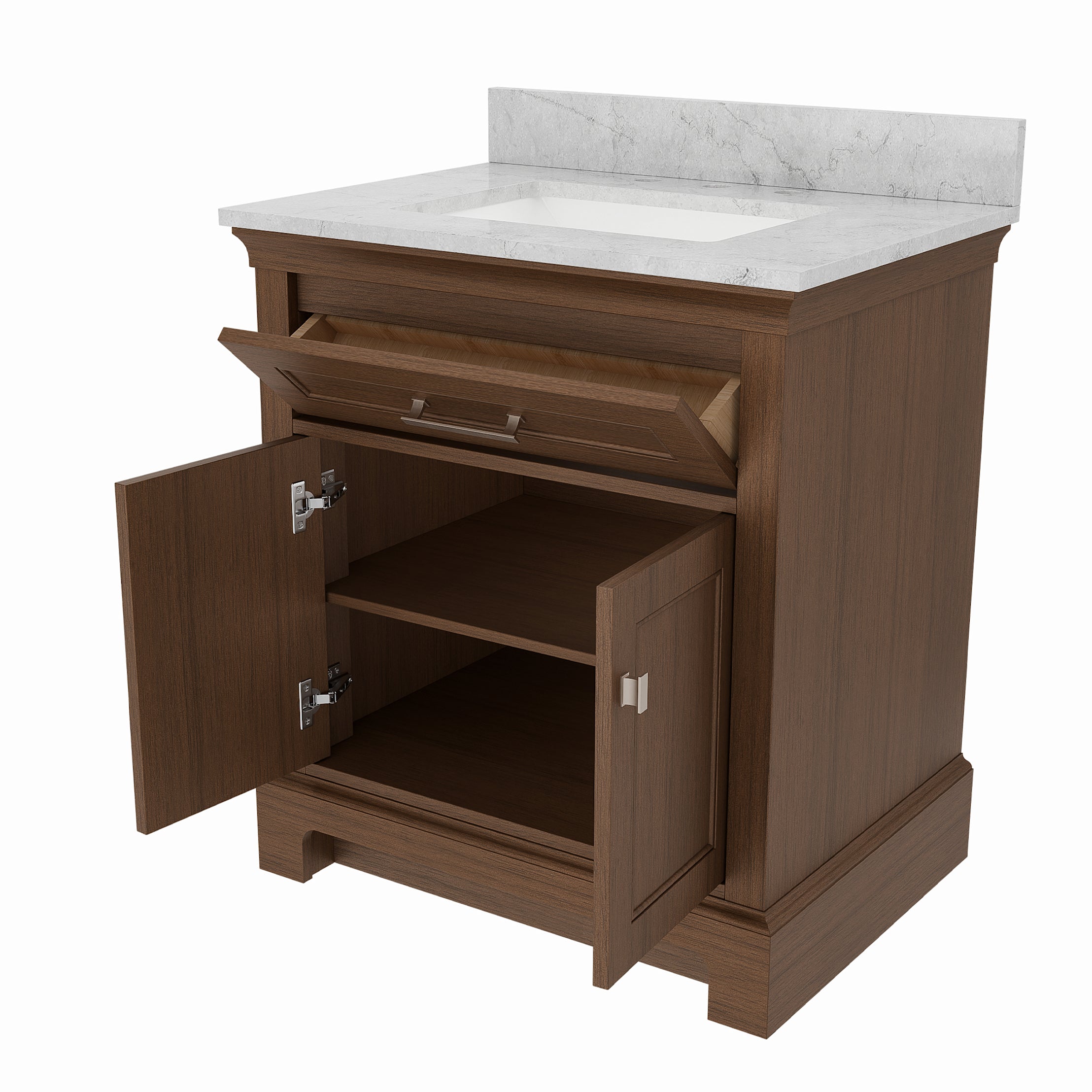 Bronson 30 Inch Vanity Base - Draper Oak | Alternative Image 08 | finish:Draper Oak | countertop finish:White Carrara Marble | sink style:Rectangle Undermount