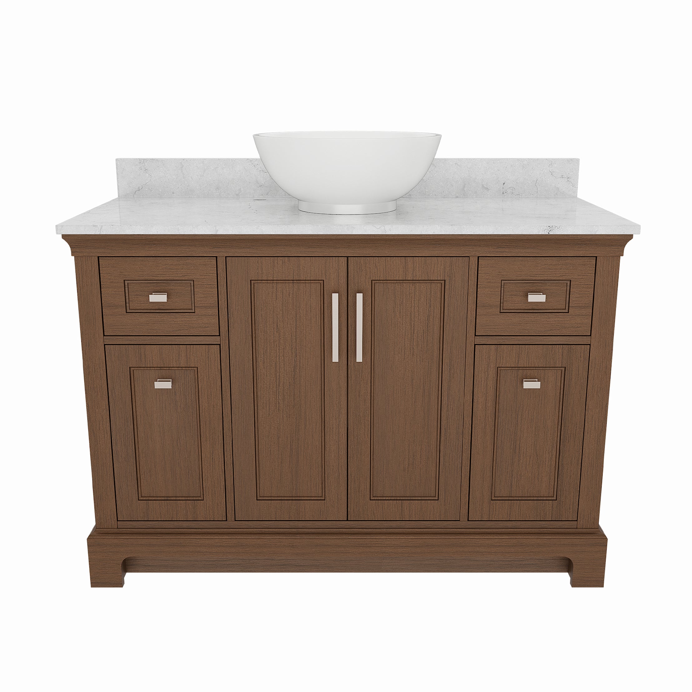 Bronson 48 Inch Vanity Base - Draper Oak | Alternative Image 01 | finish:Draper Oak | countertop finish:White Carrara Marble | sink style:Vessel Sink