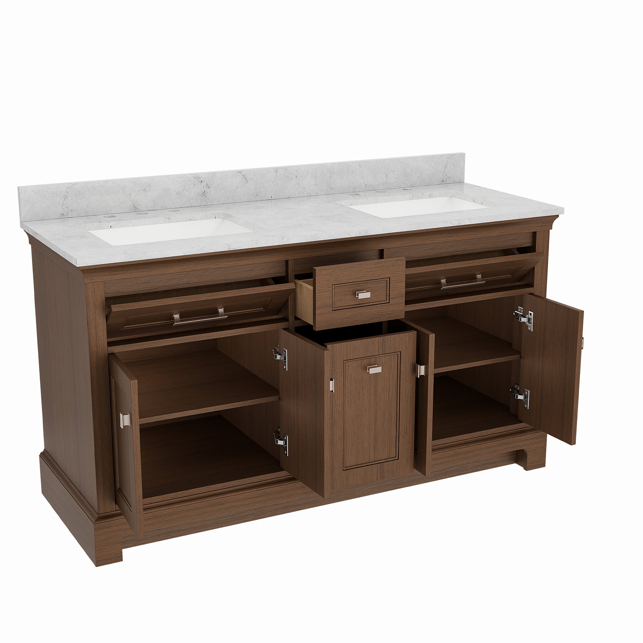 Bronson 60 Inch Vanity Base - Ferrous Grey | Alternative Image 06 | finish:Ferrous Grey | countertop finish:White Carrara Marble | sink style:Oval Undermount