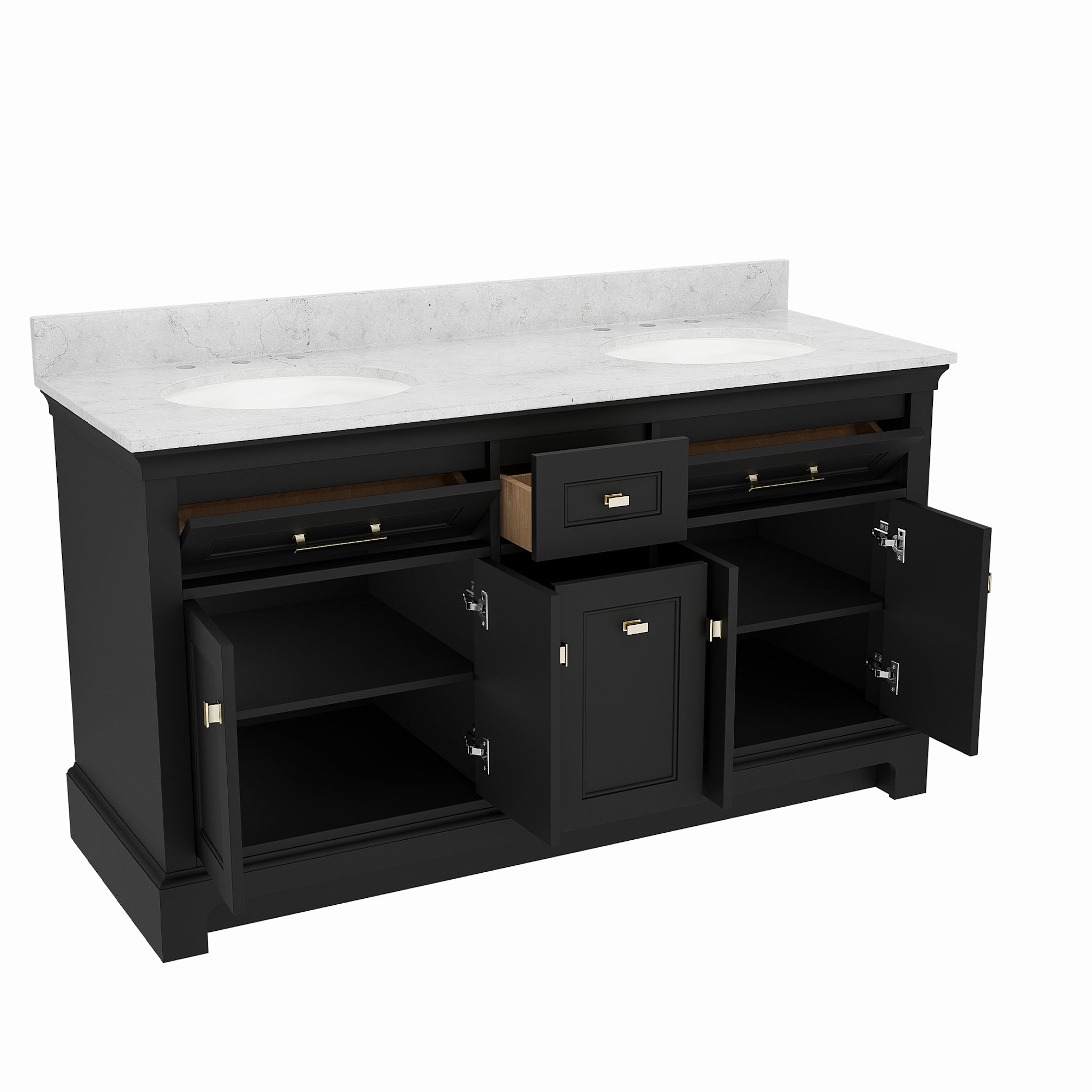 Bronson 60 Inch Vanity Base - Ferrous Grey | Alternative Image 03 | finish:Ferrous Grey | countertop finish:White Carrara Marble | sink style:Oval Undermount