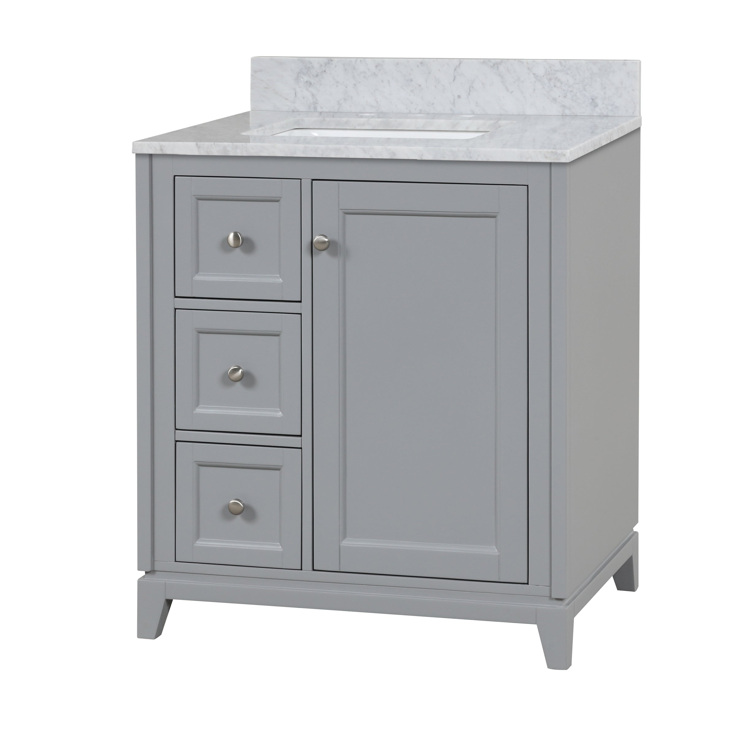 Placid 30 Inch Oak Vanity with Right Cabinet and Rectangular Undermount Sink | Alternative Image 02 | finish:Gray Oak | countertop finish:White Carrara Marble | sink installation type:Rectangle Undermount