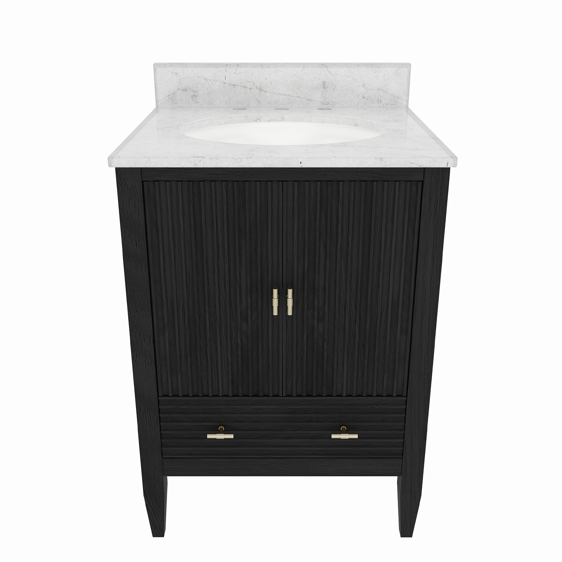 Valmont 24 Inch Fluted Vanity Base - Carbon Oak | Alternative Image 02 | finish:Carbon Oak | countertop finish:White Carrara Marble | sink style:Oval Undermount