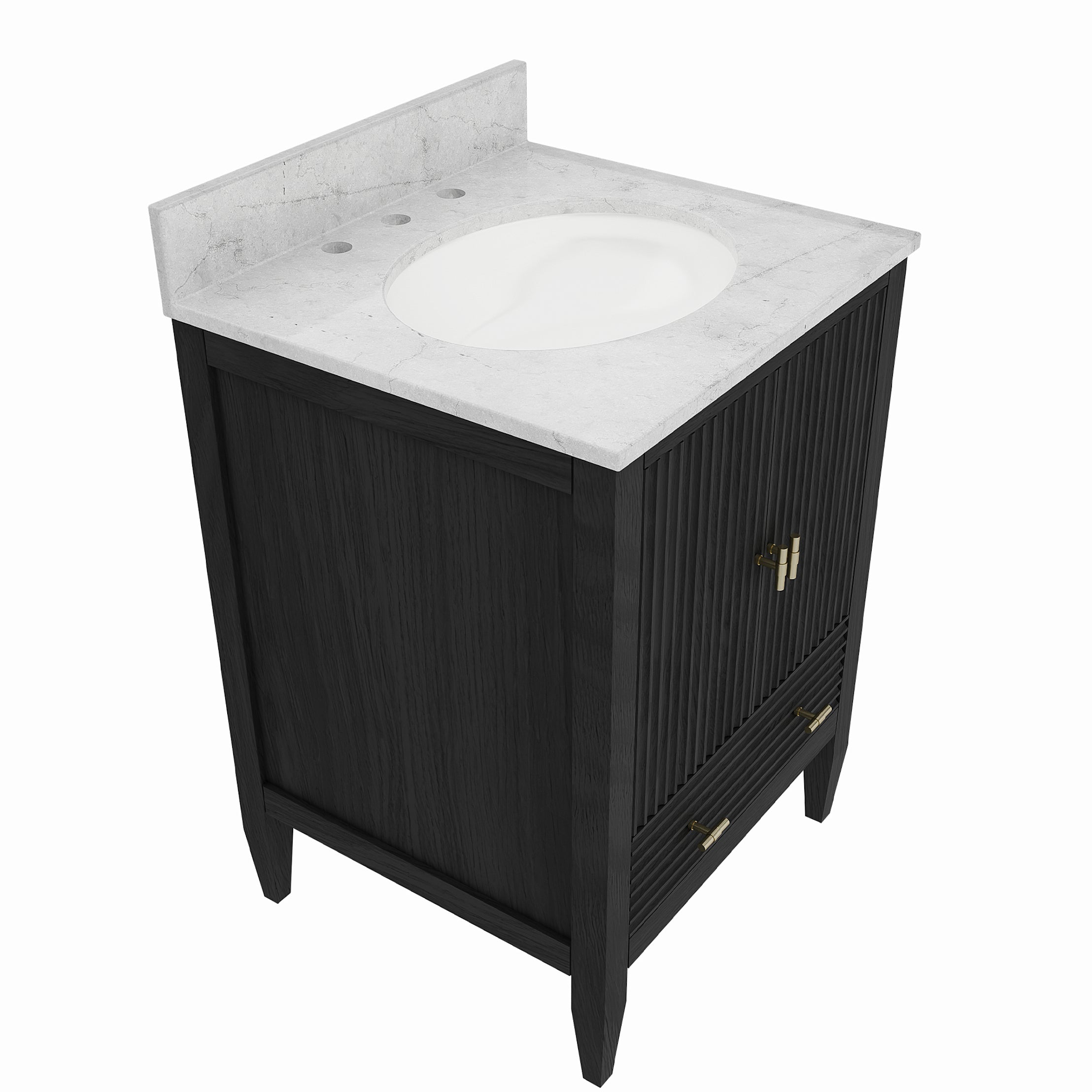 Valmont 24 Inch Fluted Vanity Base - Carbon Oak | Alternative Image 03 | finish:Carbon Oak | countertop finish:White Carrara Marble | sink style:Oval Undermount
