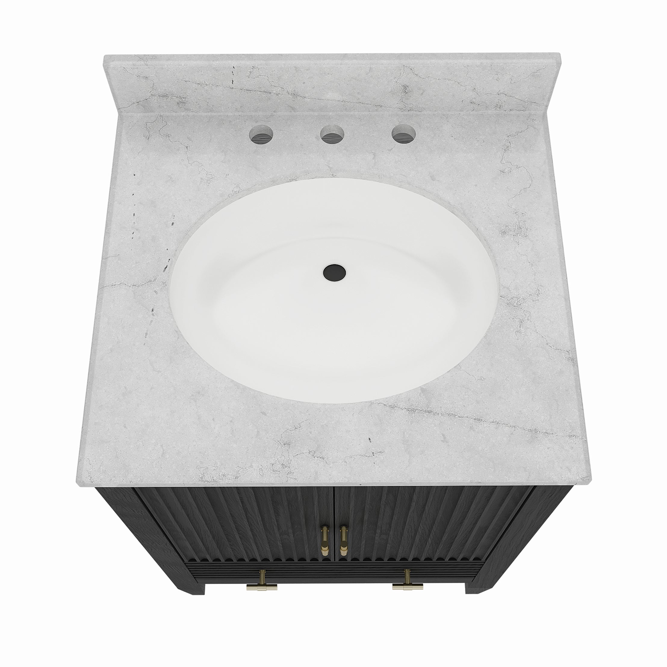 Valmont 24 Inch Fluted Vanity Base - Carbon Oak | Alternative Image 05 | finish:Carbon Oak | countertop finish:White Carrara Marble | sink style:Oval Undermount