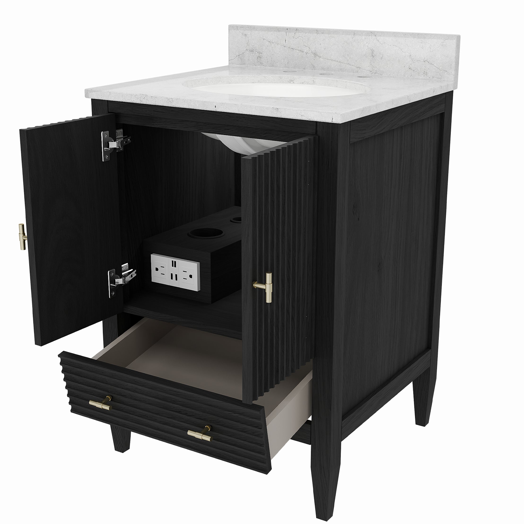 Valmont 24 Inch Fluted Vanity Base - Carbon Oak | Alternative Image 04 | finish:Carbon Oak | countertop finish:White Carrara Marble | sink style:Oval Undermount