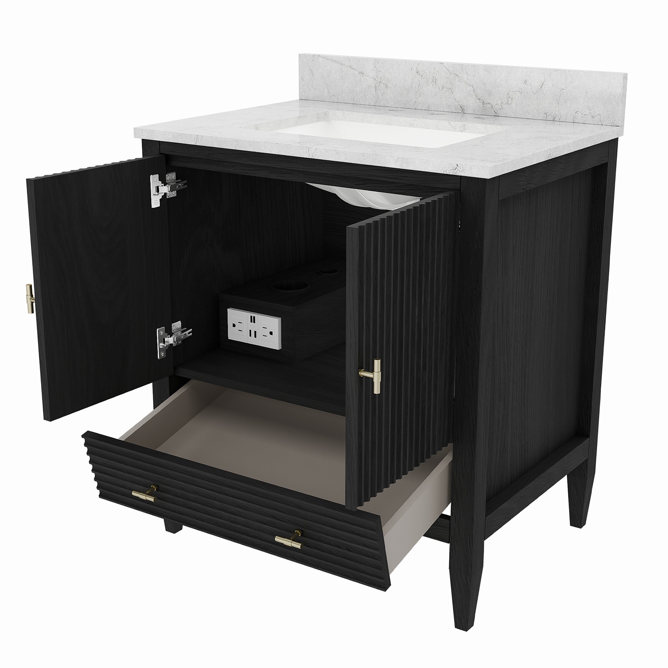 Valmont 30 Inch Fluted Vanity Base - Carbon Oak | Alternative Image 06 | finish:Carbon Oak | countertop finish:No Top | sink style:None