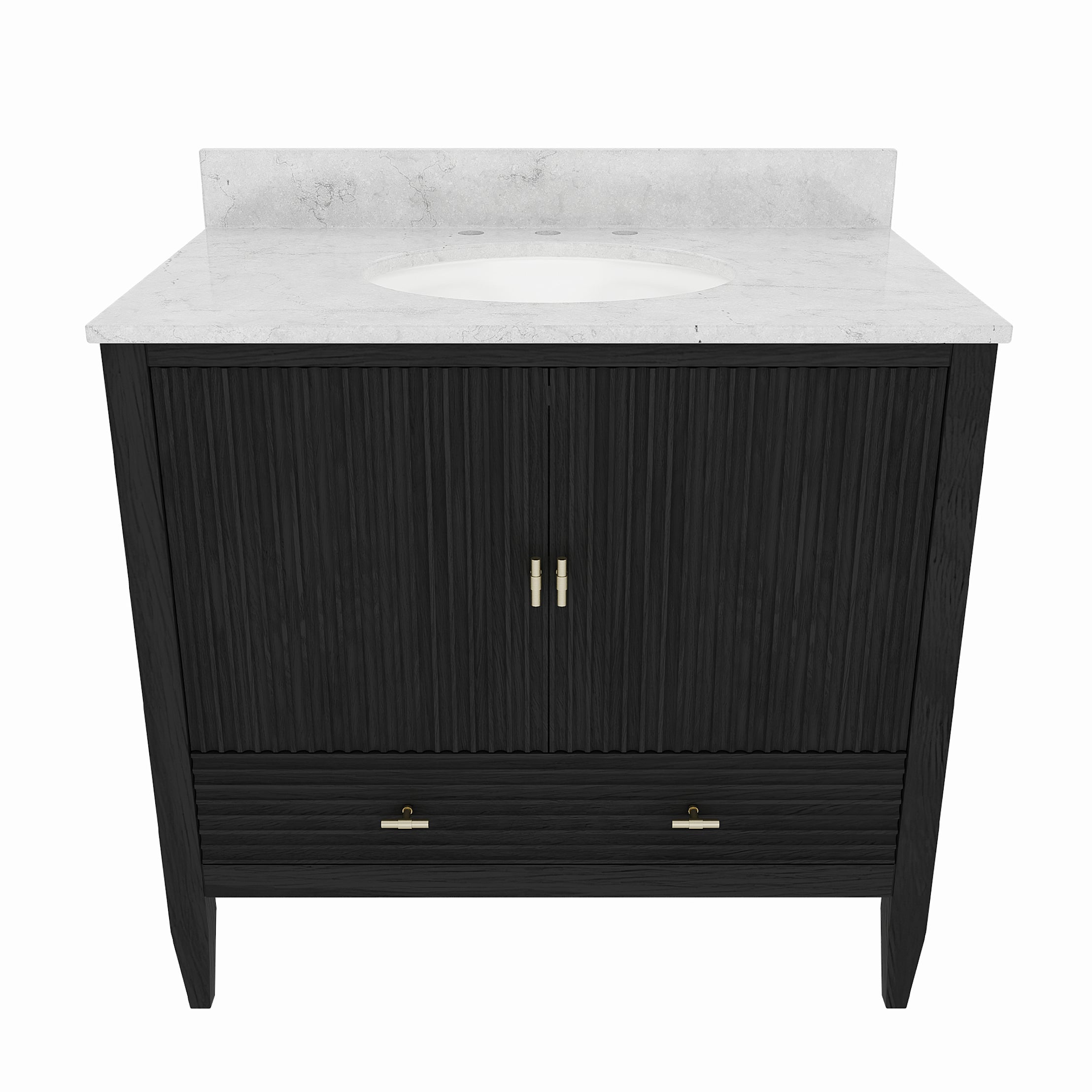 Valmont 36 Inch Fluted Vanity Base - Carbon Oak | Alternative Image 01 | finish:Carbon Oak | countertop finish:White Carrara Marble | sink style:Oval Undermount